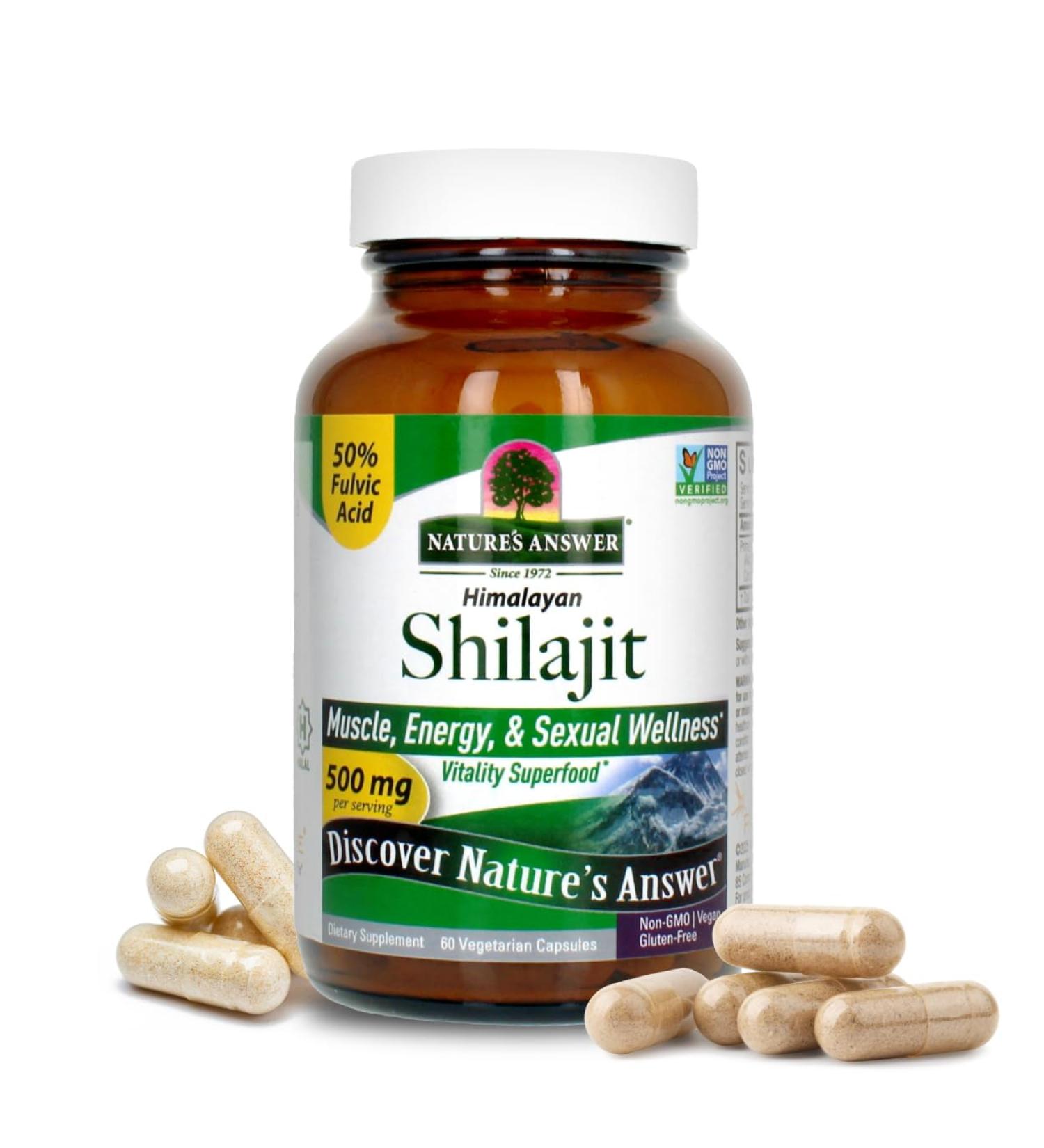 Nature's Answer Himalayan Shilajit Capsules 500 mg per Serving | PrimaVie Purified Shilajit with 50% Fulvic Acid | Energy Vitality & Muscle Support | 60 Vegan Capsules - Buy Online on GoSupps.com