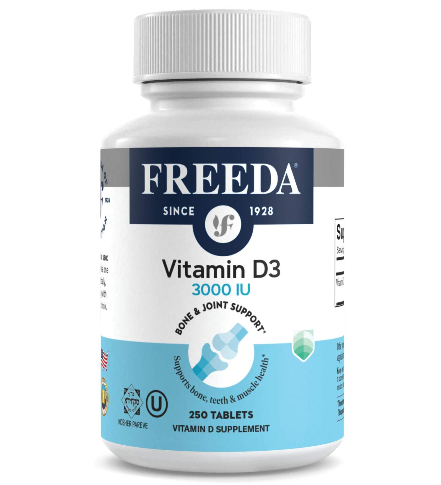 FREEDA Vitamin D3-3000 IU High Potency Kosher Tablets - Bone, Muscle Health and Immune Support - 250 Count - Buy Online on GoSupps.com