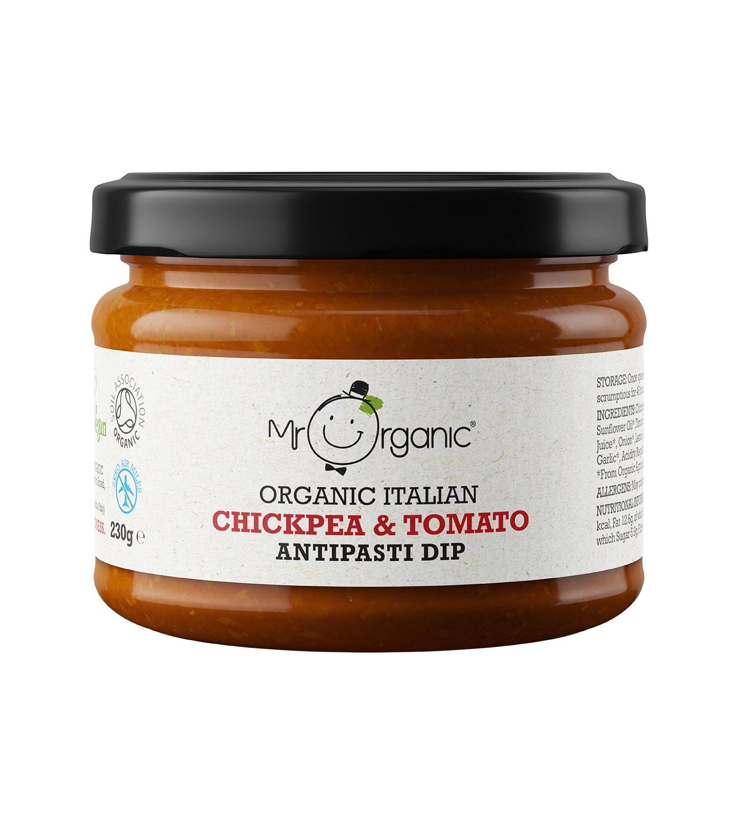 Mr Organic Chickpea & Tomato Antipasti Dip - Organic Ingredients - Delicious Snacking Option - Flavourful Vegan-Friendly Dip - 230g Chickpea & Tomato 230ml (Pack of 1) - Buy Online on GoSupps.com
