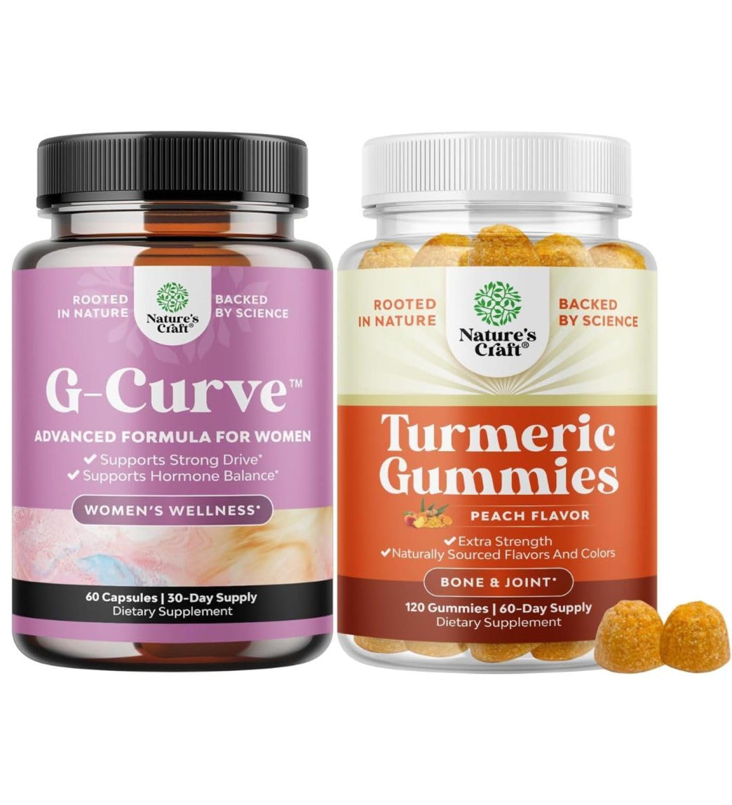 Bundle of G-Curve Breast and Butt Enhancer Pills May Support Voluptuous Curves and Turmeric Gummies for Adults Peach Flavor - Extra Strength Joint Support Gummies with Turmeric Curcumin - Buy Online on GoSupps.com
