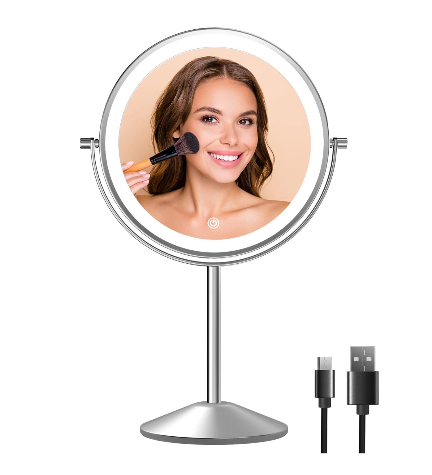 Rechargeable Lighted Makeup Mirror with 10X Magnification | Double-Sided 8 Inch Vanity Mirror with 3 Light Settings and Touch Control | Desktop Cosmetic Mirror Chrome - Buy Online on GoSupps.com