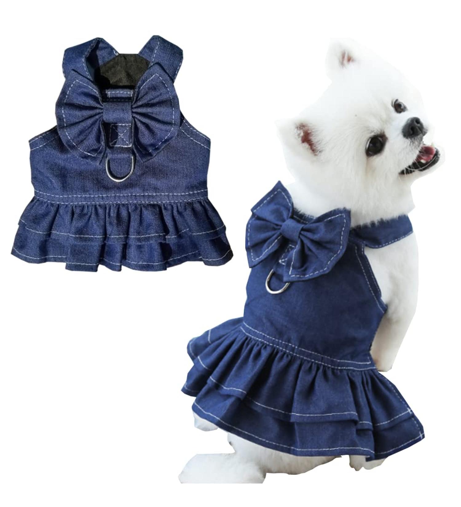 ANIAC Dog Denim Dress with Leash Ring and Bow Knot for Small Dogs - Summer Cat Apparel and Harness Skirt - Buy Online on GoSupps.com
