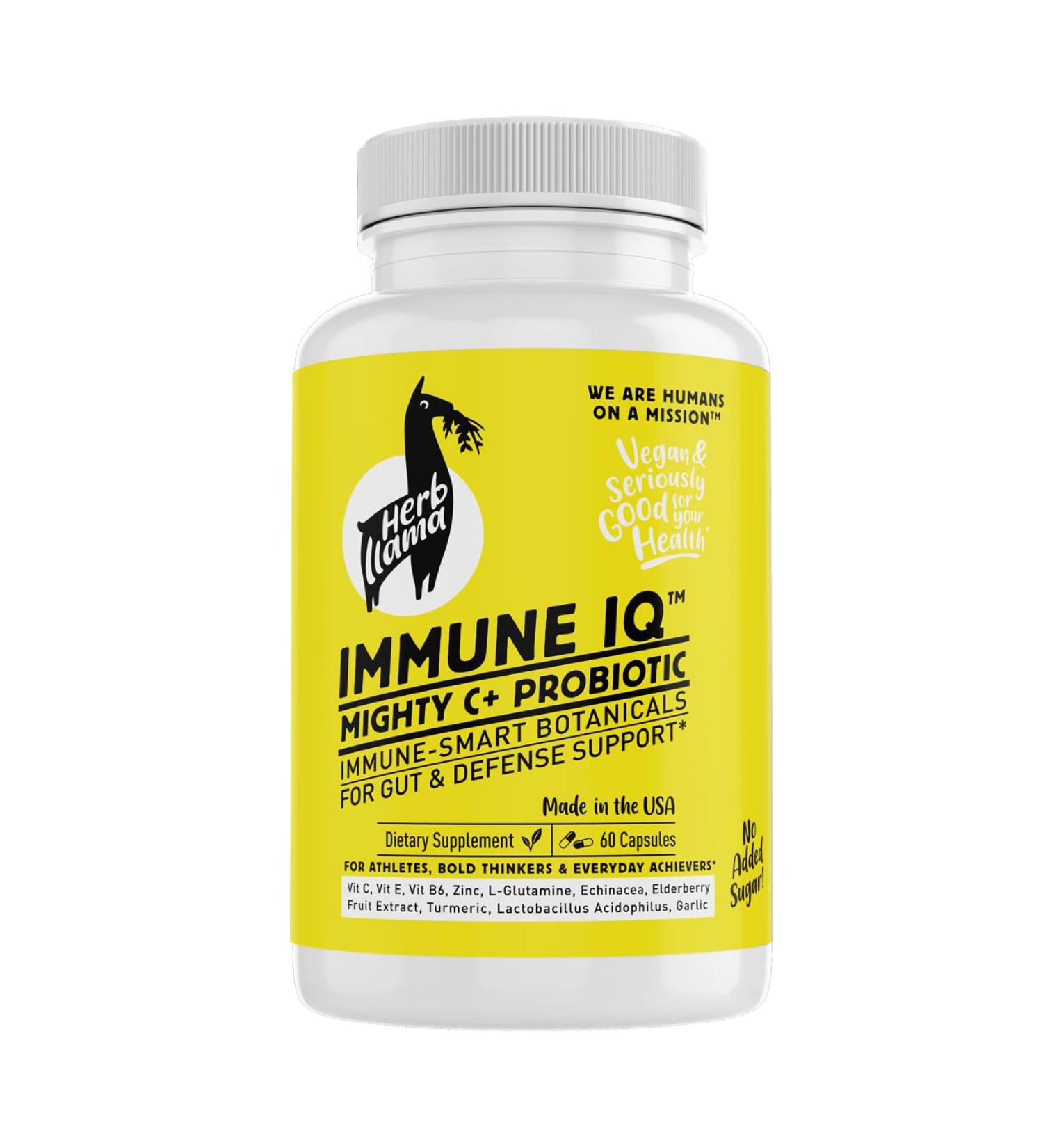 Herb Llama Immune IQ+ Daily Vegan Immune Support | Probiotics Elderberry Zinc Vitamin C Echinacea & Turmeric | 60 Vegan Capsules | Non-GMO Gluten-Free Sugar-Free | Travel-Friendly Immune Ritual
