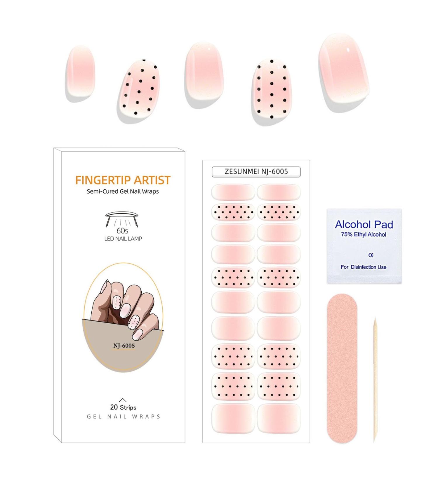 20 Stickers Semi Cured Nail Wraps Soft Self-Adhesive Gel Nail Stickers UV Gel Nail Polish Strips Manicure Stickers Set - Gradient Black Polk Dot Pink Smudge With Dot - Buy Online on GoSupps.com