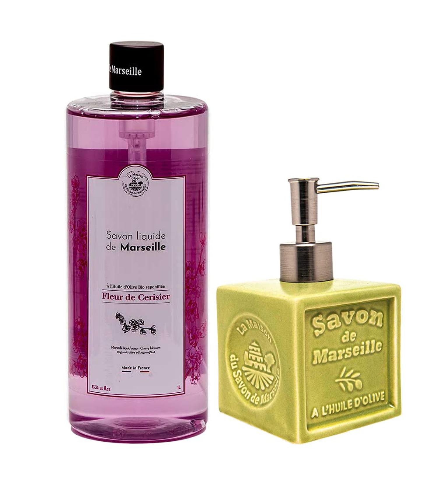 Maison Du Savon De Marseille Cherry blossom liquid soap with green ceramic soap dispenser 1 liter refill and 300 milliliter dispenser - Buy Online on GoSupps.com