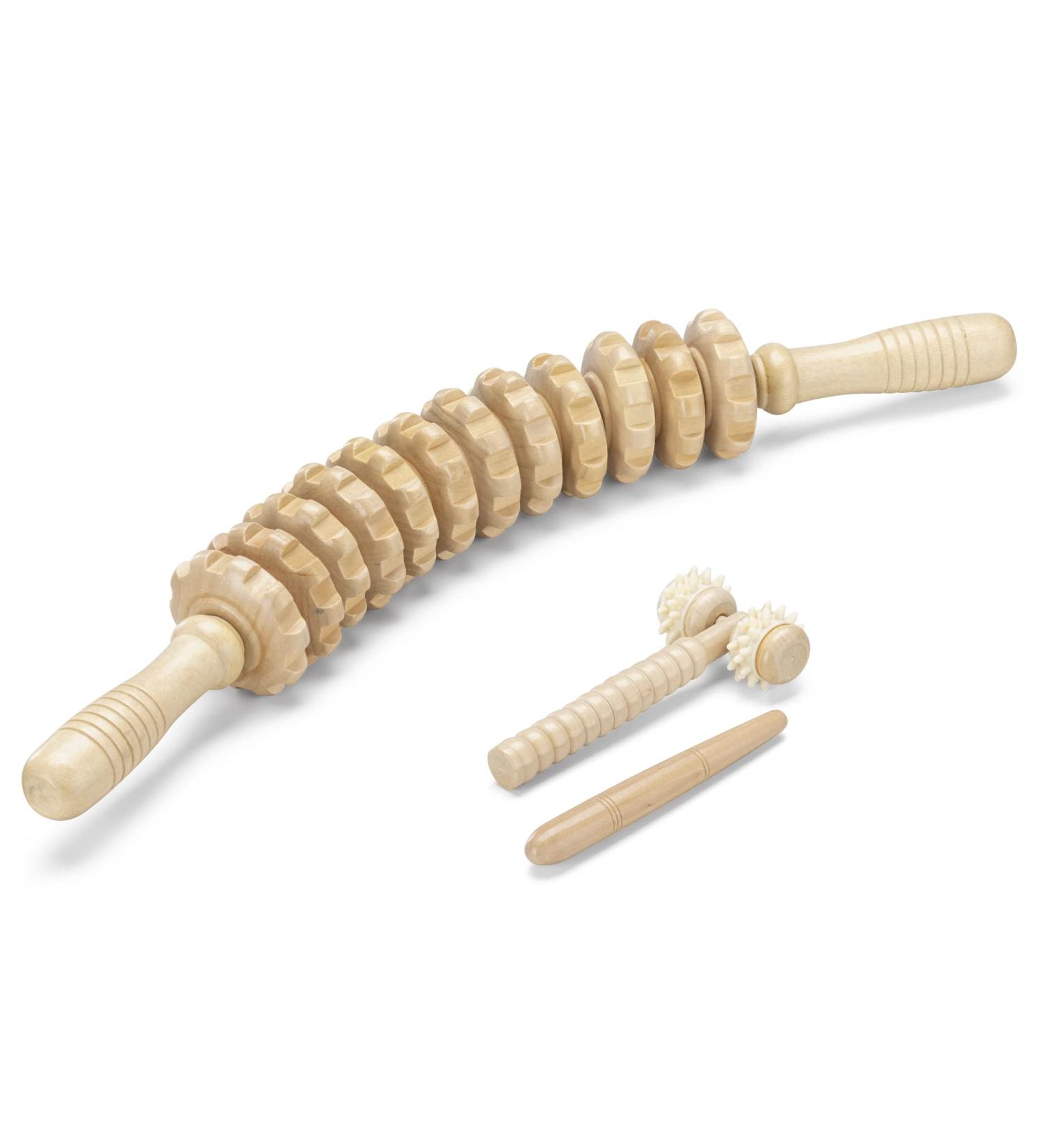 Navaris 3-Piece Wooden Massage Roller Set - Fascia Massage Stick with Handle & Carry Bag - Effective Pain Relief & Relaxation - Buy Online on GoSupps.com