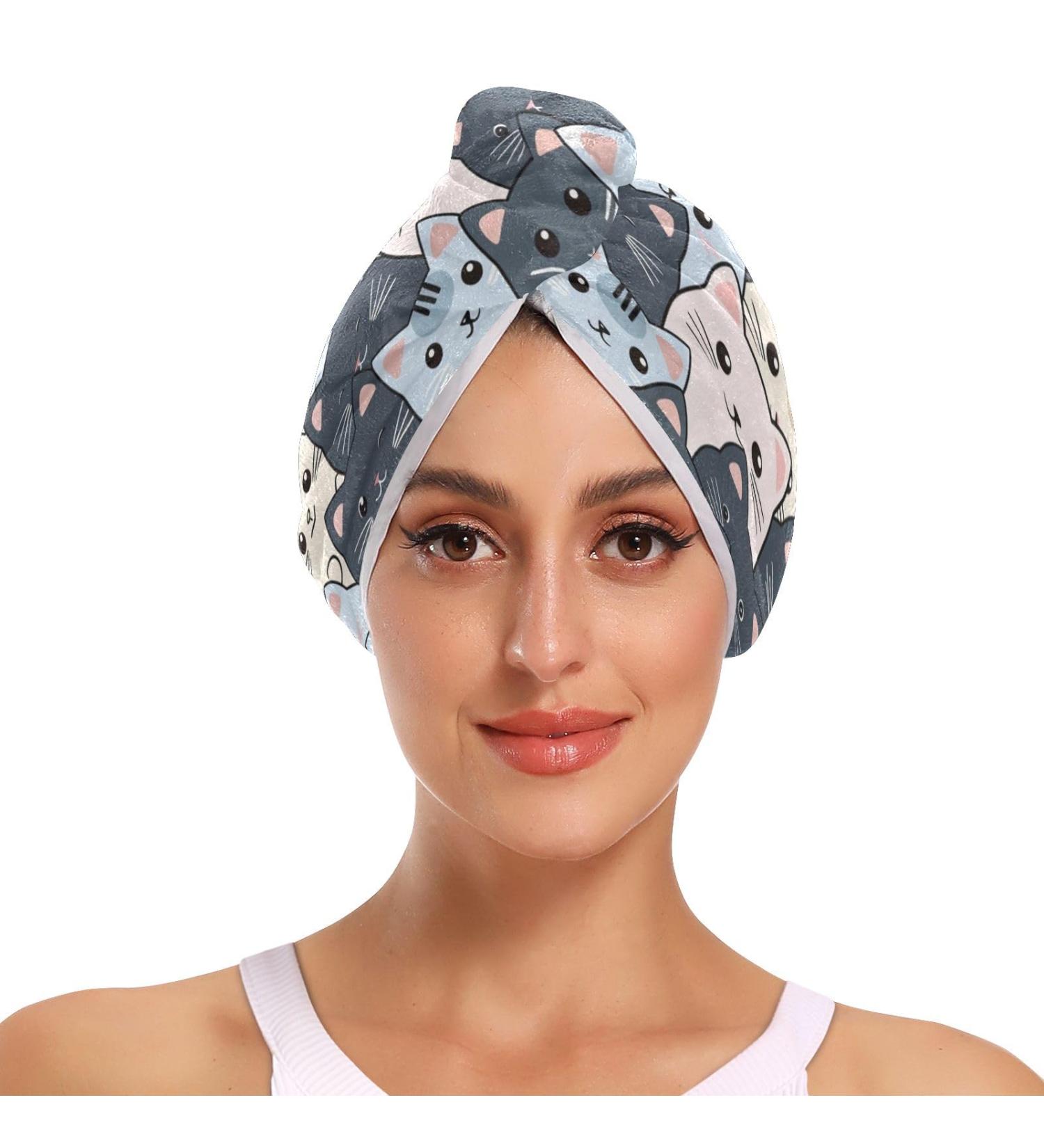 Super Absorbent Cartoon Little Cats Hair Towel 2 Pack | Quick Dry Hair Turbans for Women & Girls - Buy Online on GoSupps.com