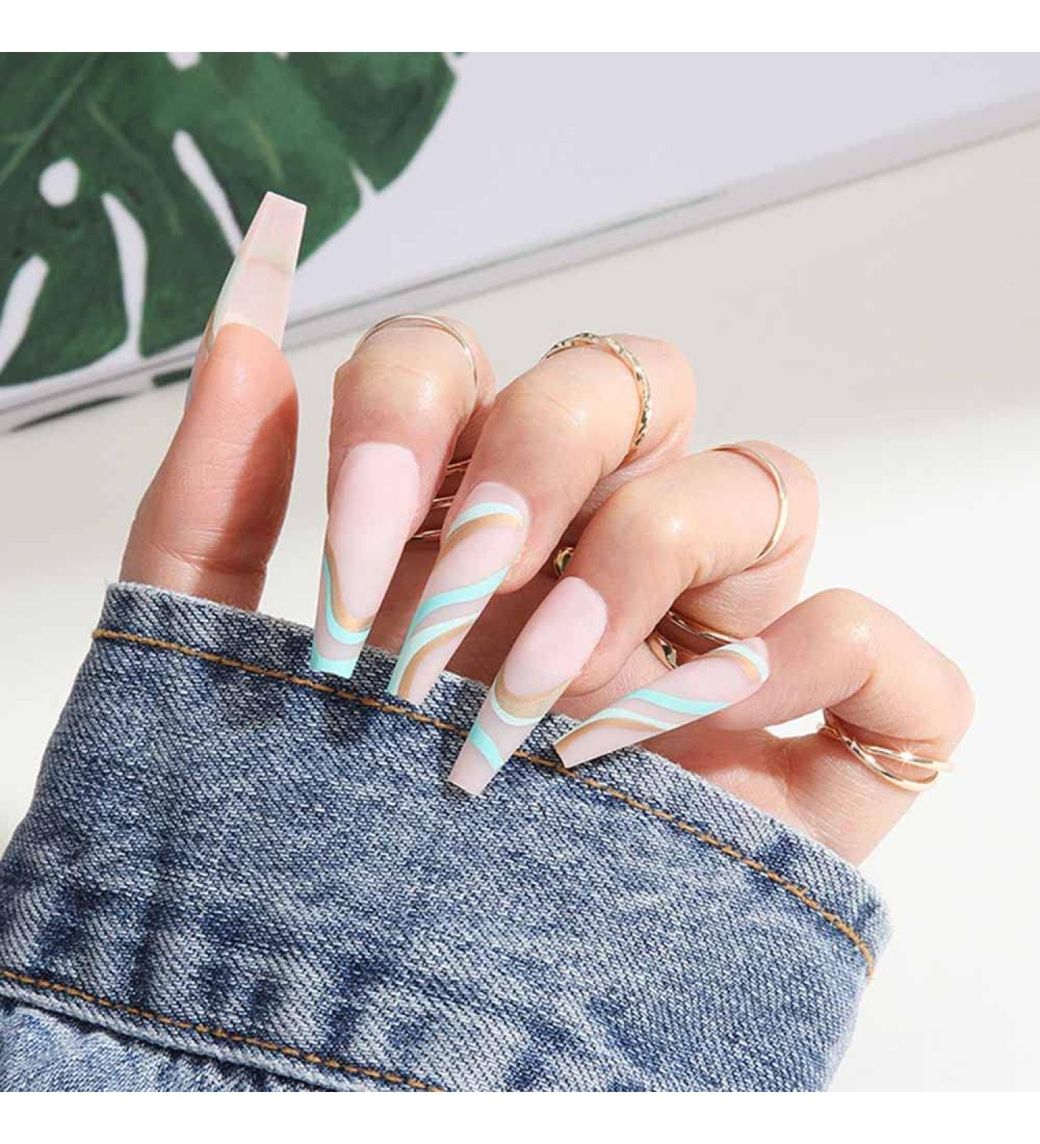 Sinlov 24pcs Coffin Press-On Nails - Nude Pink Swirl Glossy Long Ballerina False Nails Art Tips for Women - Buy Online on GoSupps.com