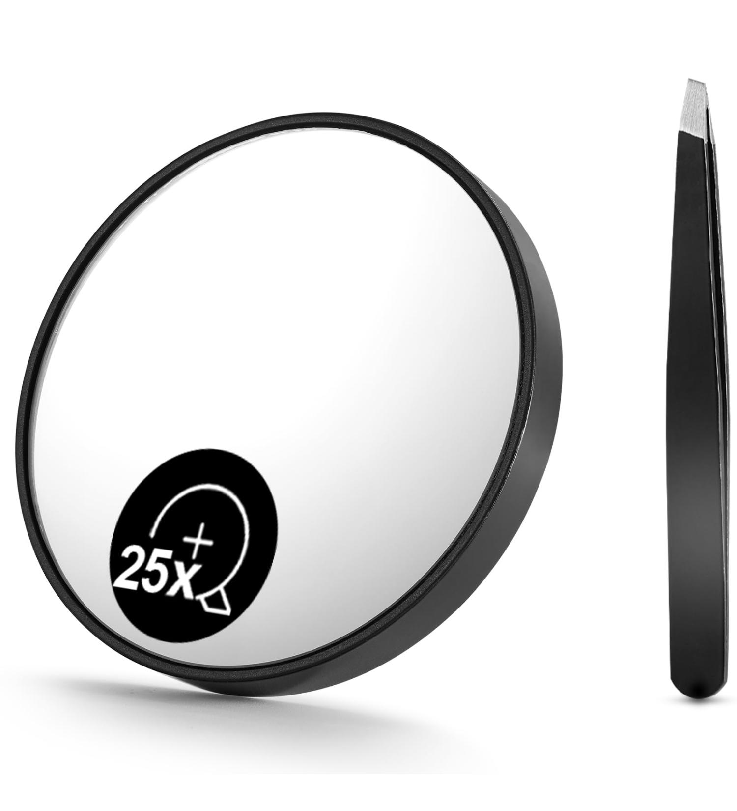 OMIRO 25X Magnifying Mirror Travel Size Suction Magnifier Mirror for Makeup & Bathroom Shaving (8.8cm Black with Tweezer) 25x (150r) - Buy Online on GoSupps.com