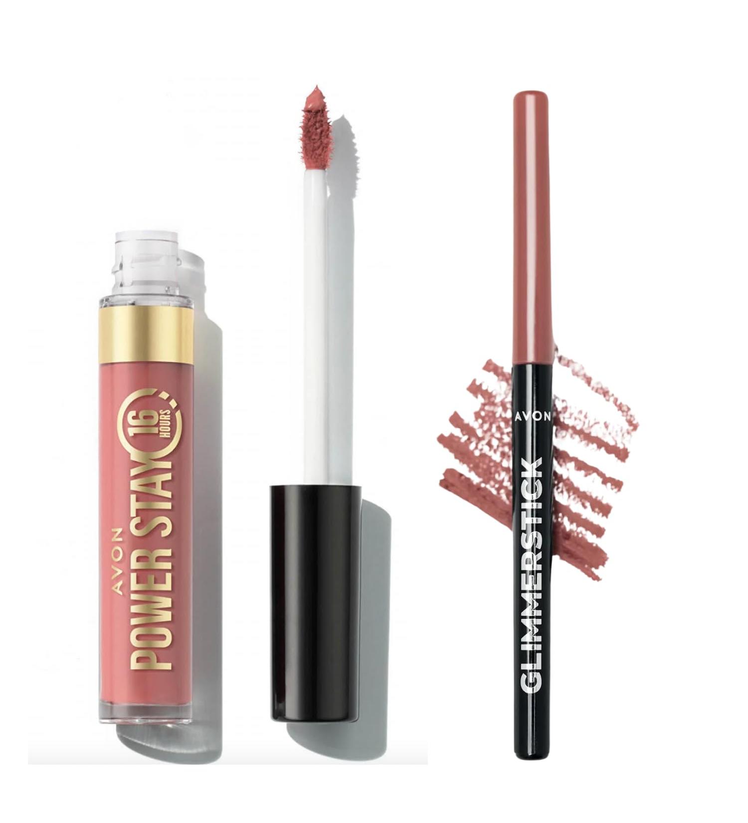 AVON Power Stay Liquid Lip Colour & Glimmerstick Lip Liner Set - 16 Hour Long-Lasting Shade Cant Quit Cafe-Blushed Nude - International Shipping Available - Buy Online on GoSupps.com