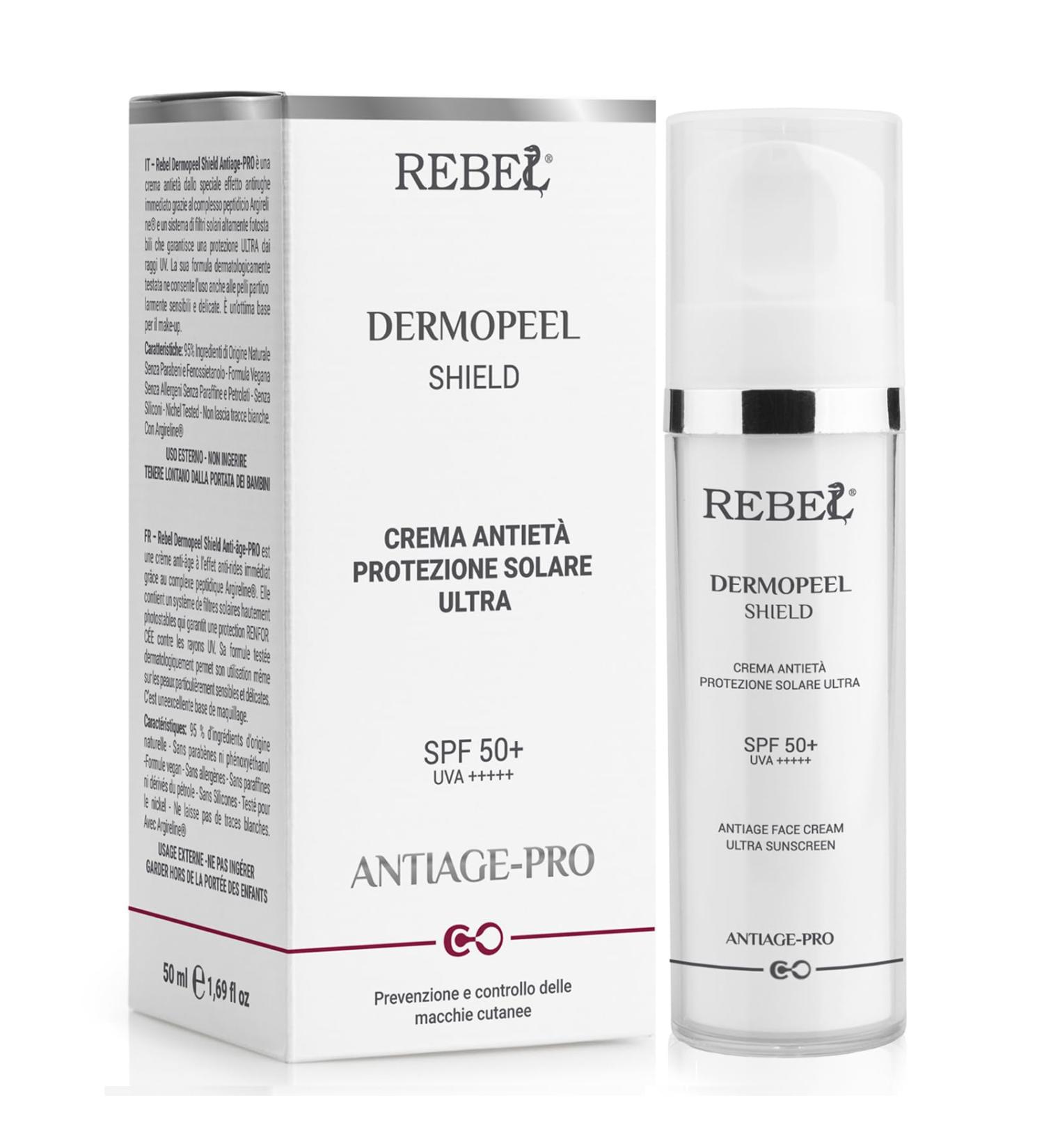  Licofarma Rebel DERMOPEEL SHIELD | Ultra Anti-Ageing Sun Protection Face Cream SPF 50+ | UVA + +++ Protection | With Peptides | Anti-Aging Anti-Spot and Anti-Wrinkle | 95% Natural Origin | 50 ml Bottle - Buy Online on GoSupps.com