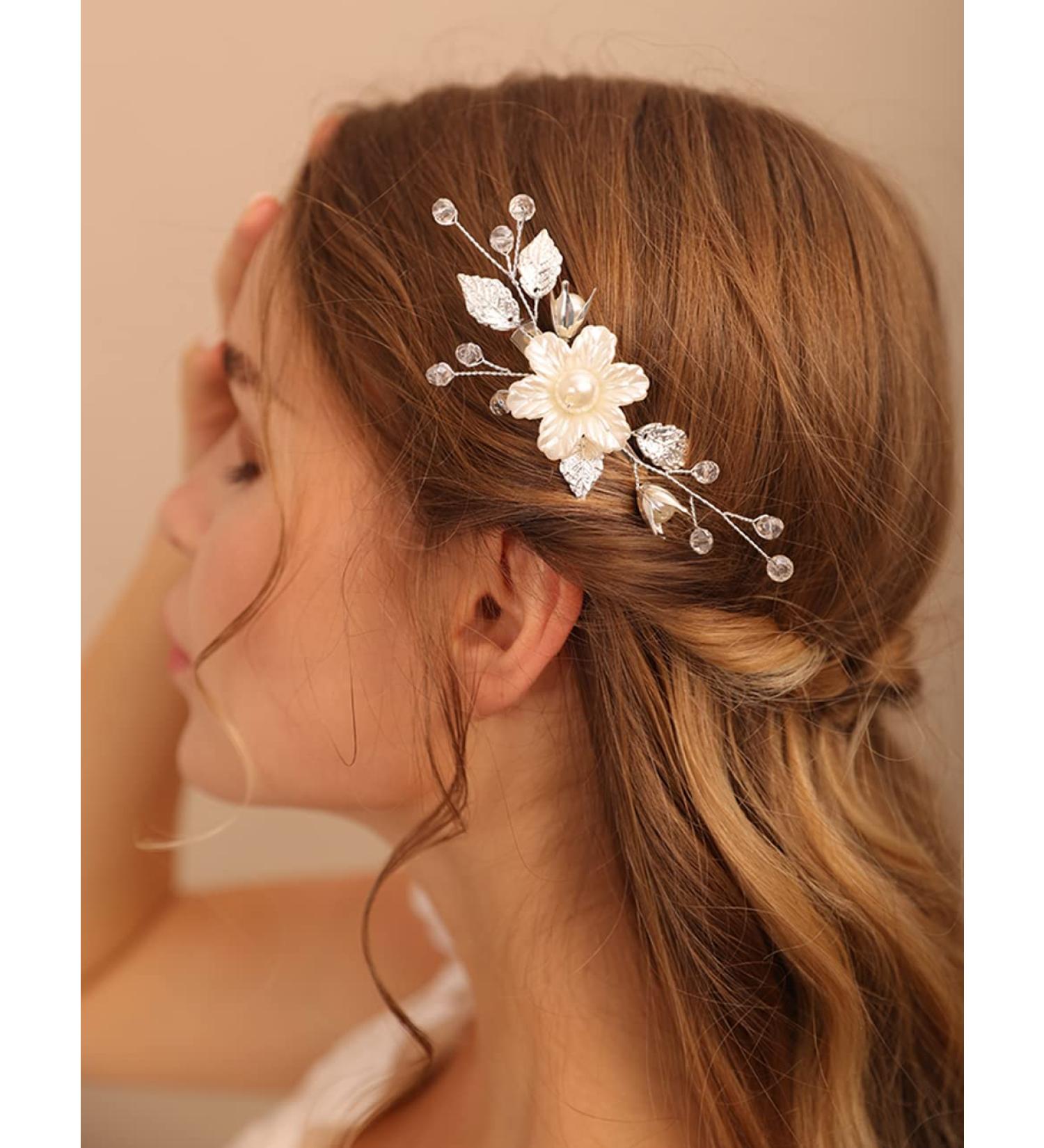 Deniferymakeup Women Rose Gold Hair Clip White Pearl Flower Hair Slide Rhinestone Hair Piece Wedding Hair Accessory Gift for Bride Bridesmaid Girls (Silver) - Buy Online on GoSupps.com