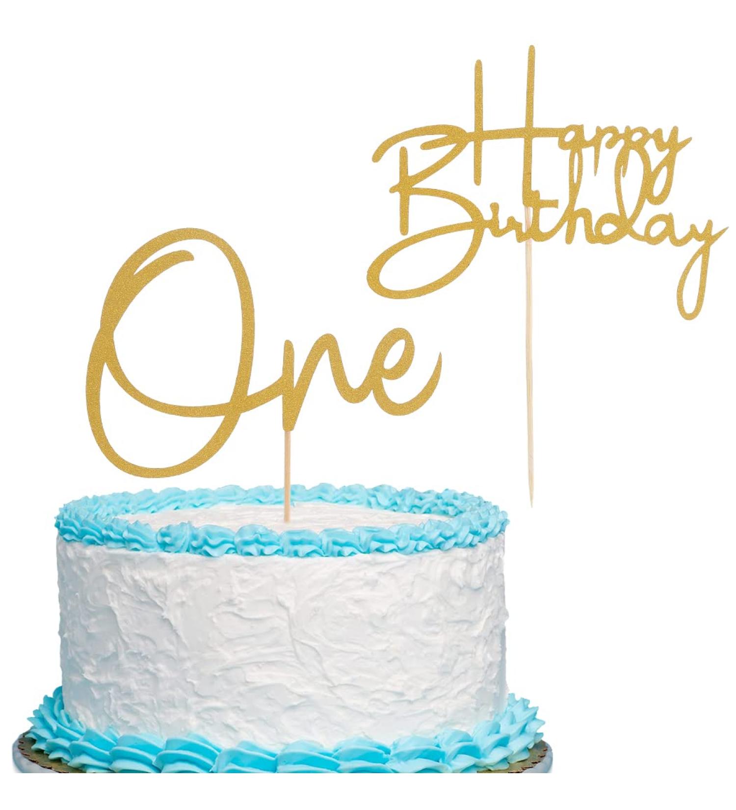 Gold One Birthday Cake Topper - 2pcs One Cake Topper and Happy Birthday Cake Topper Single-side Gold Glitter Baby 1st Birthday Cake Decorations First Anniversary Party Cake Decorations - Buy Online on GoSupps.com