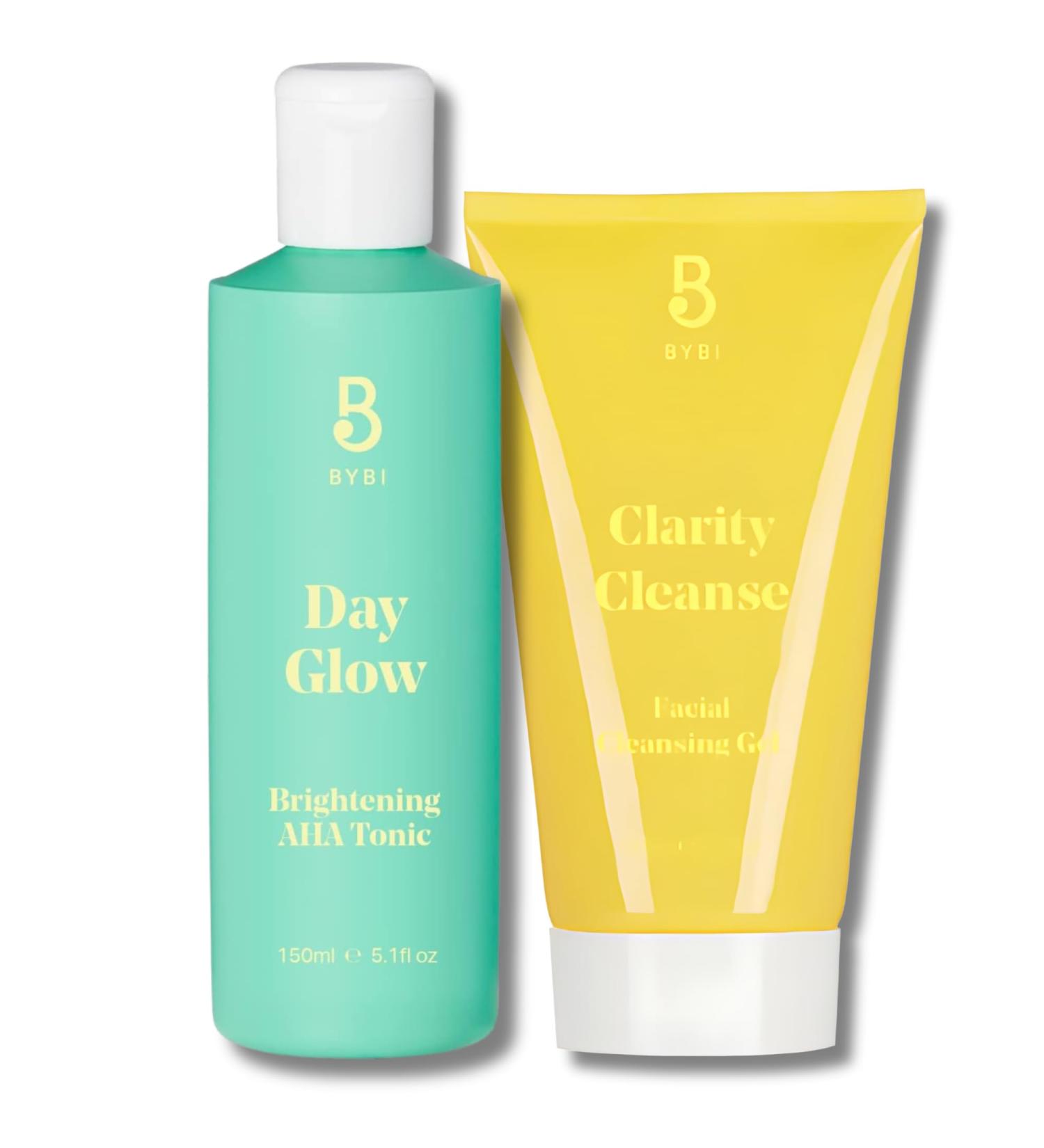 BYBI Beauty Day Glow Exfoliating AHA Face Toner (150ml) & Clarity Cleanse Facial Cleanser (150ml) - Award-Winning Vegan Skincare Set for Dry Dull Skin - Brightening Soothing - Buy Online on GoSupps.com
