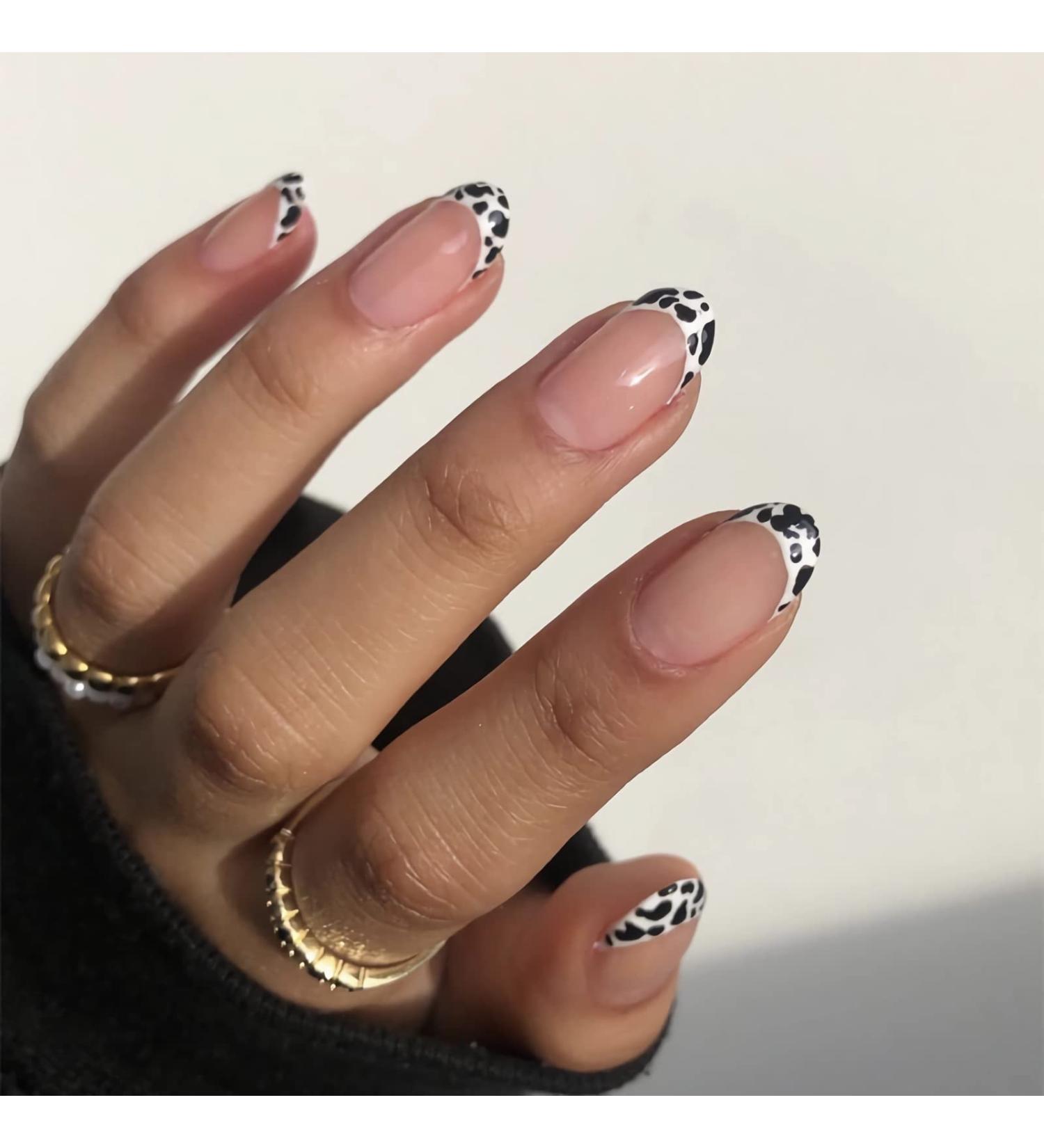 Shop BABALAL Round Press on Nails - Cow Print French Tip 24 Pcs Oval Acrylic Nails for Women & Girls - Buy Online on GoSupps.com