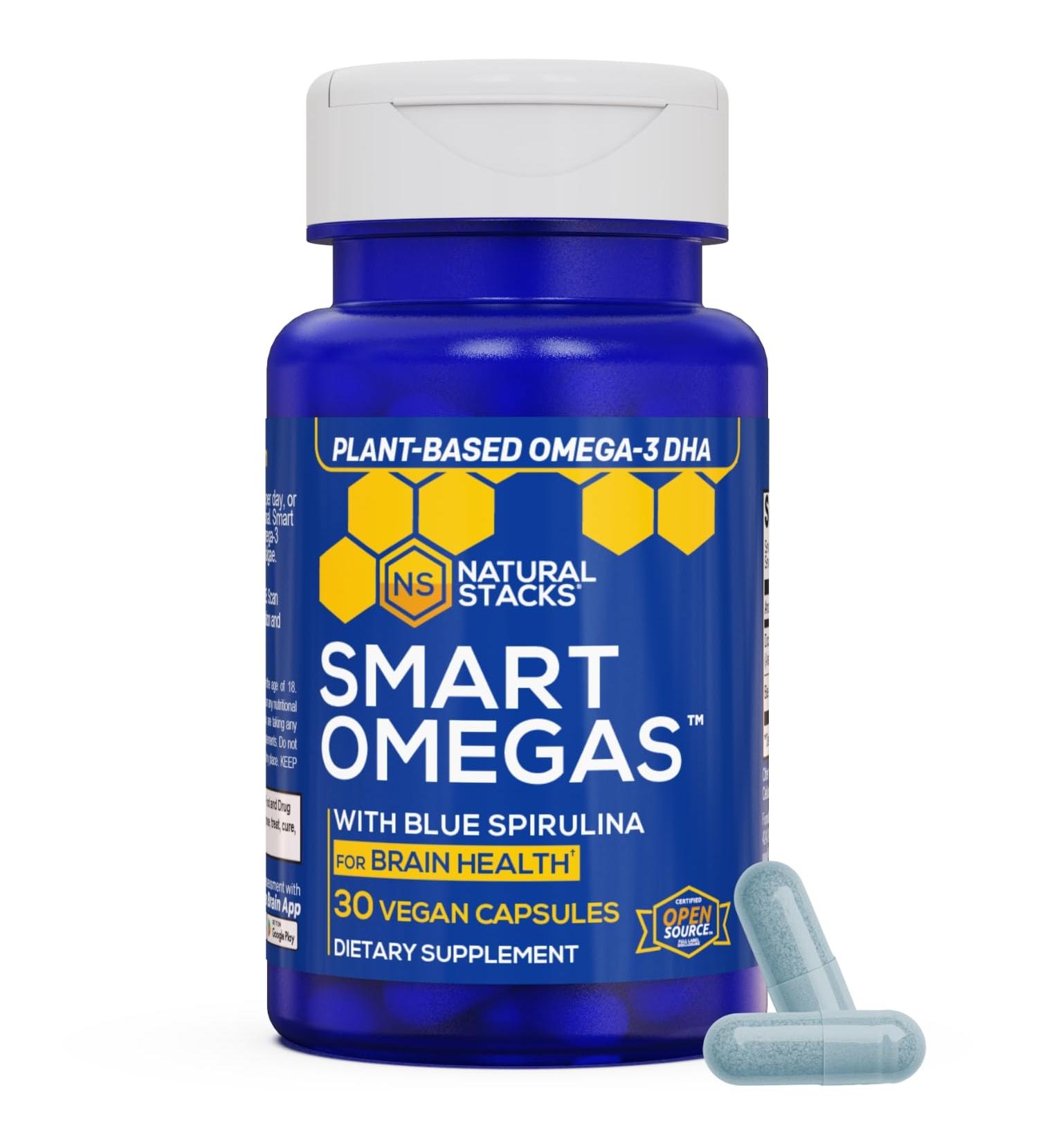 NATURAL STACKS Smart Omegas - Omega 3 Supplement w/ 200mg DHA & 200mg Blue Spirulina - Plant Based Algae Oil Omega 3 Supplement - Fish Oil Free Antioxidant Support - 30 Blue Spirulina Capsules - Buy Online on GoSupps.com