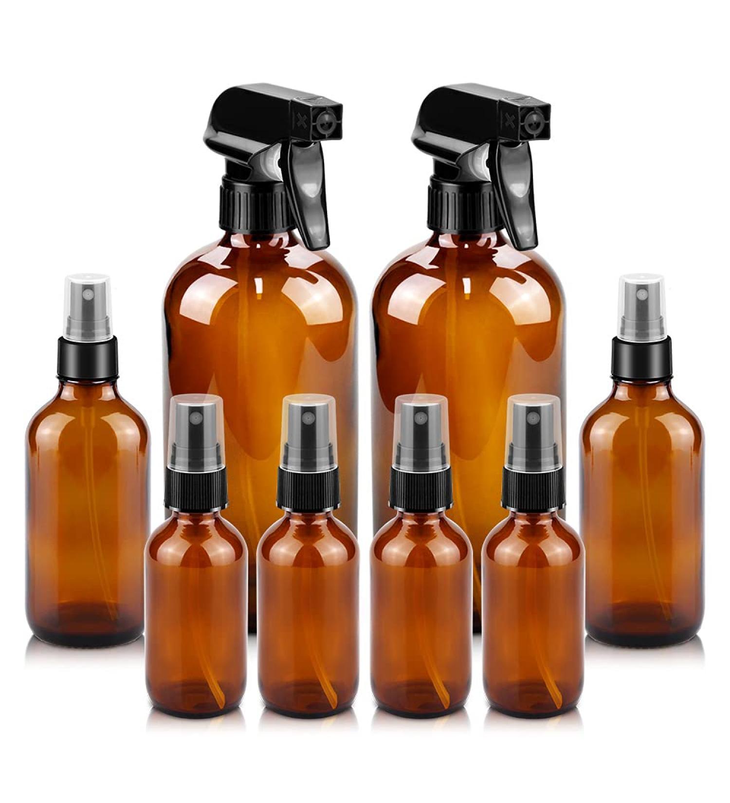 Amber Glass Spray Bottles Set - 16oz*2+4oz*2+2oz*4 Refillable Boston Round Containers for Cleaning, Gardening, Aromatherapy, Pets, Plants, Hair - Buy Online on GoSupps.com
