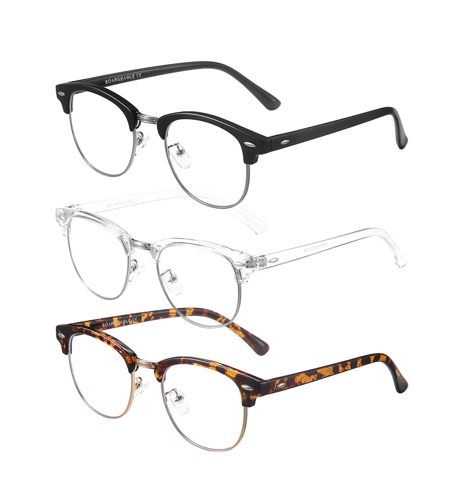 SOAR&EAGLE 3 Pack Blue Light Blocking Glasses - Retro Semi Rimless Computer Gaming Eyewear (Bright Black/Silver/Crystal Silver/Amber Gold) UV400 Clear Lens - Buy Online on GoSupps.com