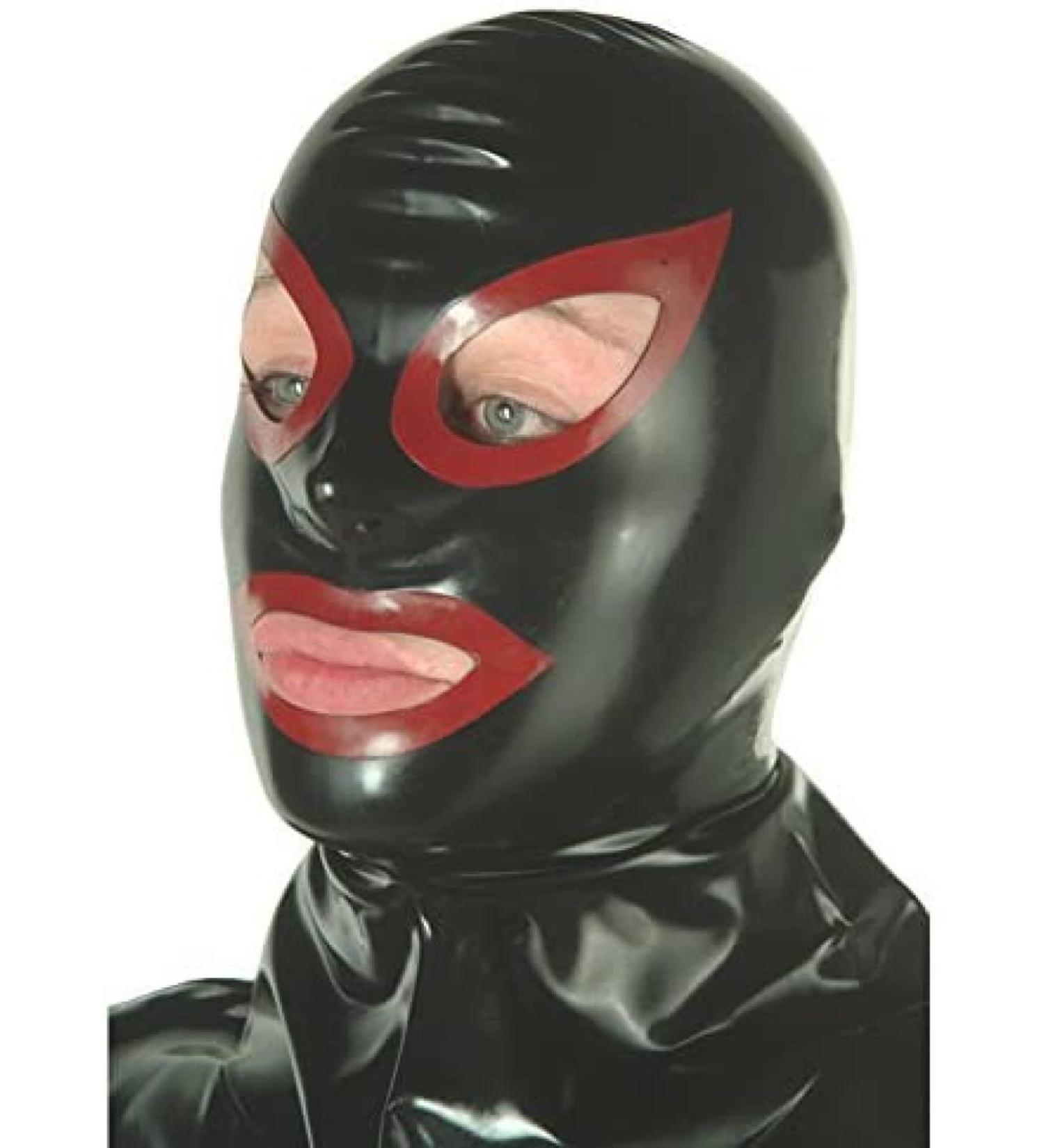 Latex hood rubber mask with contrasting stripes around eyes and mouth black with zipper Black With Zipper