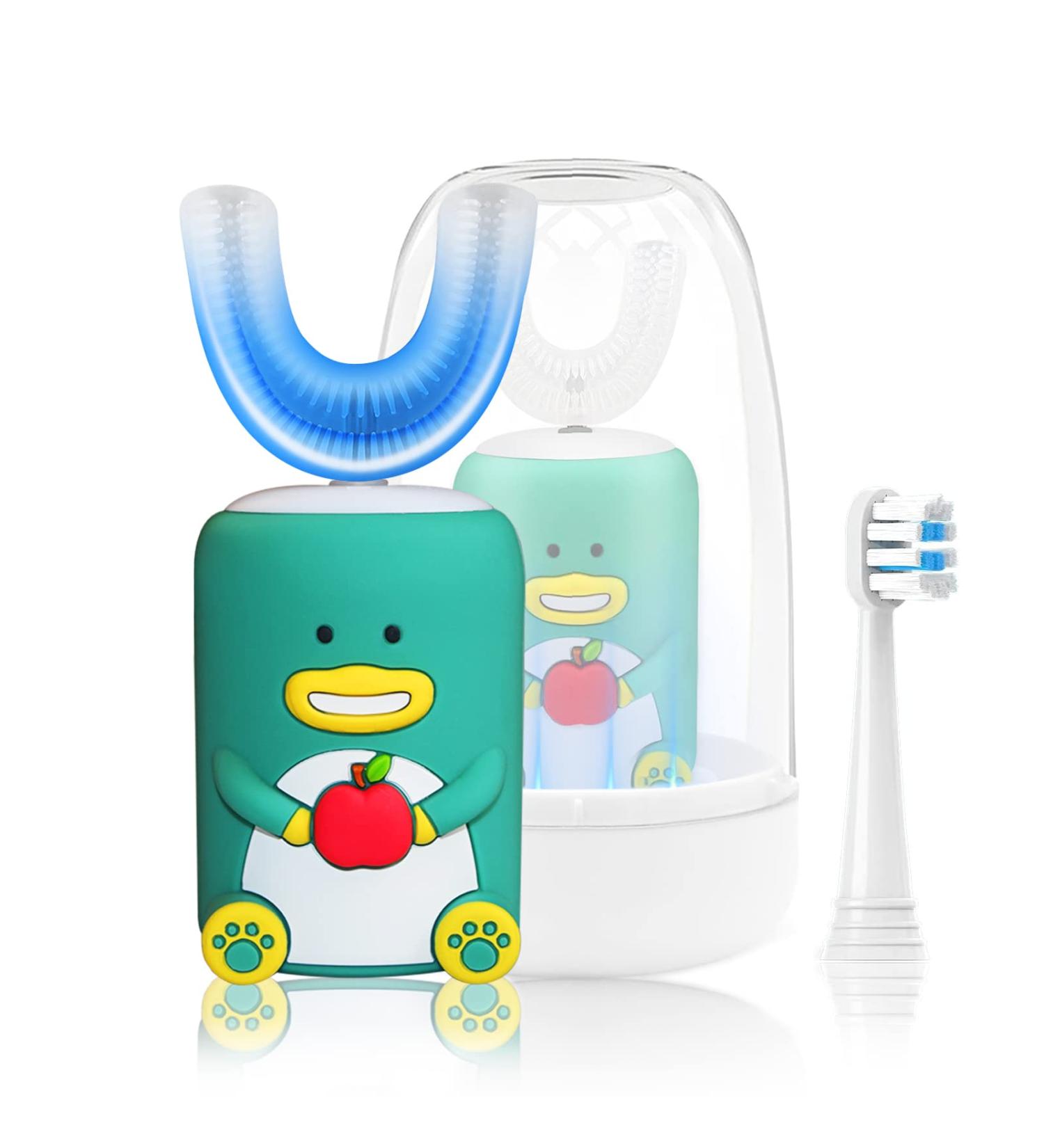 Ultrasonic Rechargeable Kids Electric Toothbrush with 2 Brush Heads | Mouthwash Cup | Smart Timer | IPX7 Waterproof | Toddler Toothbrush for Ages 2-6 | Green - Buy Online on GoSupps.com