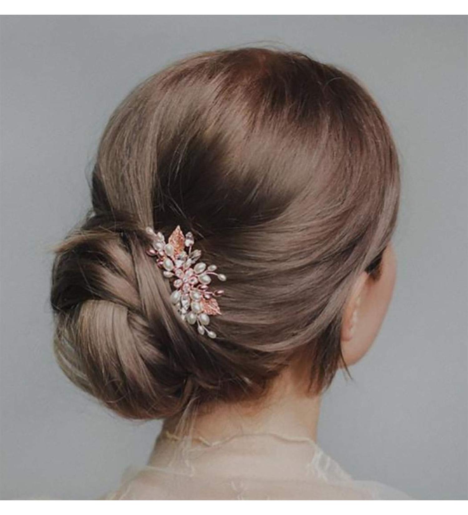 Ushiny Pearl Bride Wedding Hair Comb - Rose Gold Crystal Bridal Hair Accessories & Flower Clip for Women & Girls - Buy Online on GoSupps.com