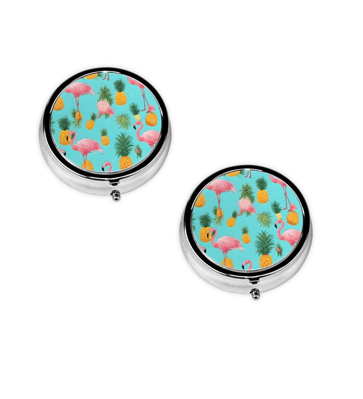 Flamingo Printed Round Pill Box - 3 Compartment Portable Travel Case | Mini Decorative Organizer for Medicine & Vitamins - Buy Online on GoSupps.com