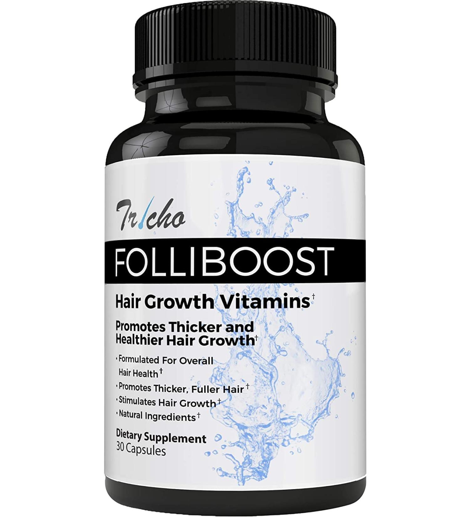 Folliboost Tricho Hair Growth Vitamins with Biotin, Vitamin C, Zinc, Vitamin B12 - Promotes Thick, Full Hair Growth - Natural-Based Hair Care Formula - Made in USA (30-Day Supply) - Buy Online on GoSupps.com