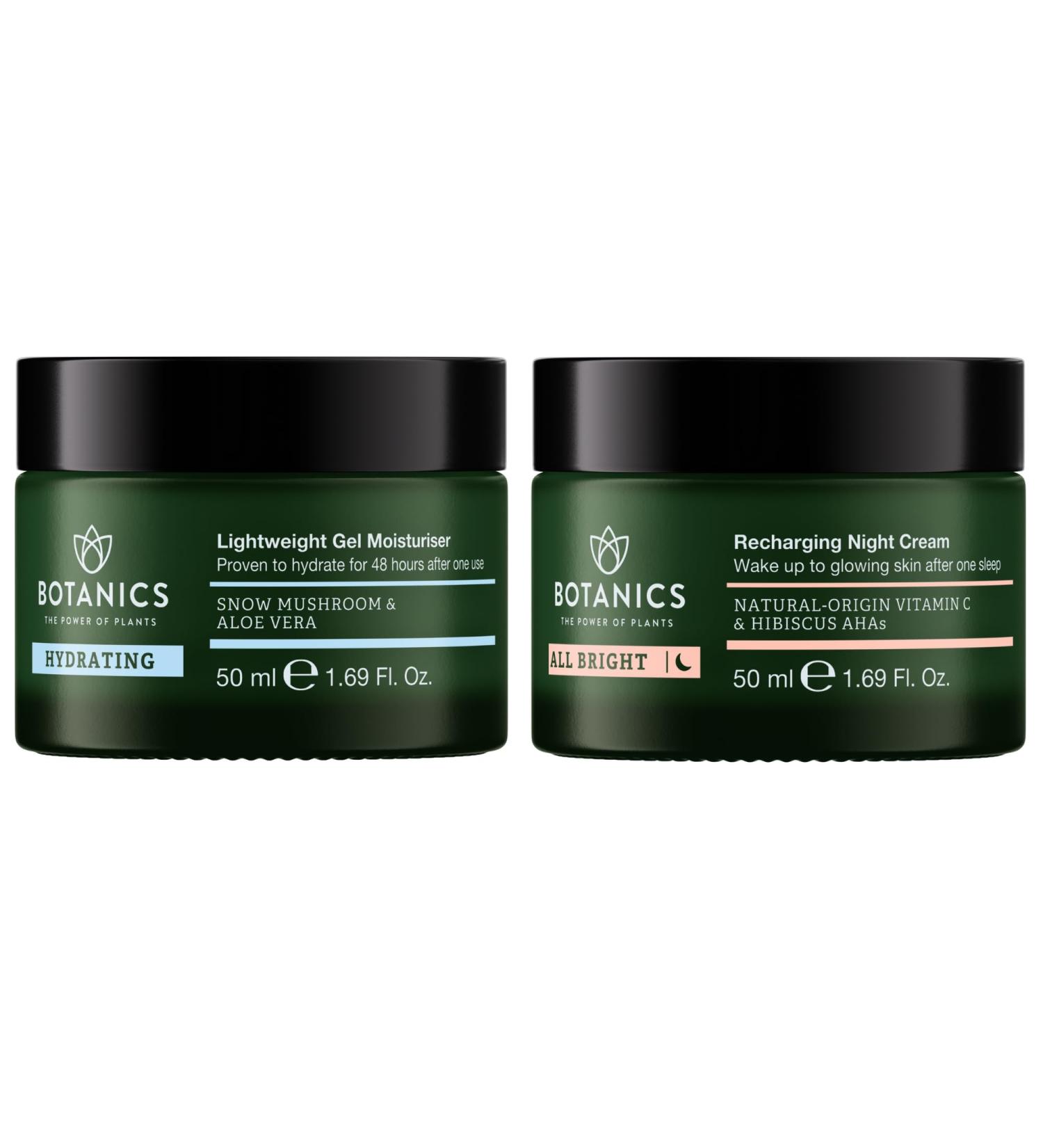 Botanics Lightweight Face Moisturizer & Recharging Night Cream for Women & Men - for Hydrated Glowing Skin - Enriched with Snow Mushroom Aloe Vera & Hibiscus AHA - Vegan & Cruelty-Free - Buy Online on GoSupps.com