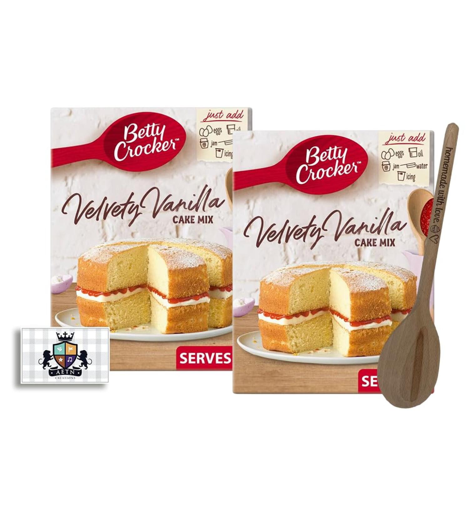 AETN Creations Vanilla Cake Mix Bundle Betty Crocker Velvety Vanilla 2x425G a Delicious Sweet Cake with AETN Wooden Made with Love Mixing Spoon - Buy Online on GoSupps.com