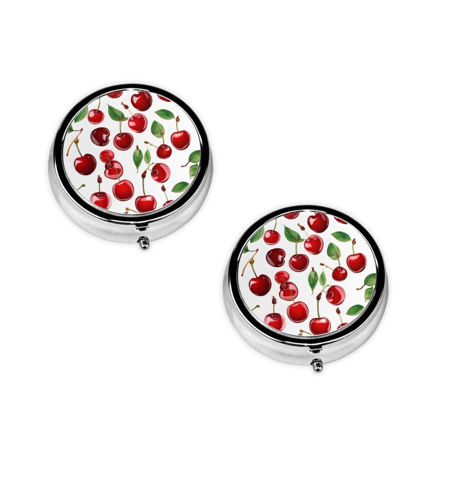 Red Cherries Mini Round Pill Box | 3 Compartment Portable Organizer for Travel & Home Use - Buy Online on GoSupps.com