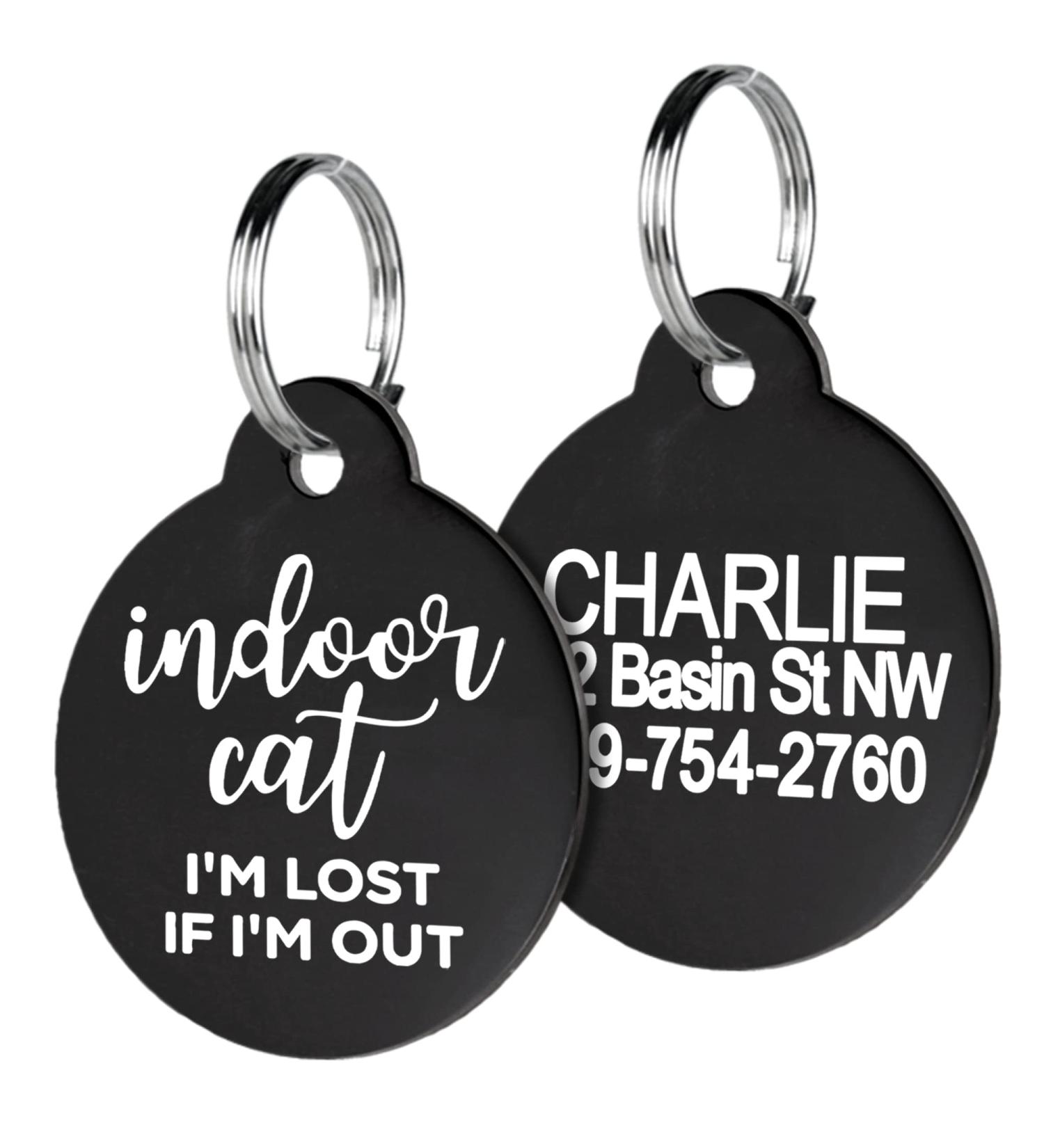 Personalized Cat ID Tag for Indoor Cats | Custom Engraved Aluminum Pet Tag | Round Black Design - Buy Online on GoSupps.com