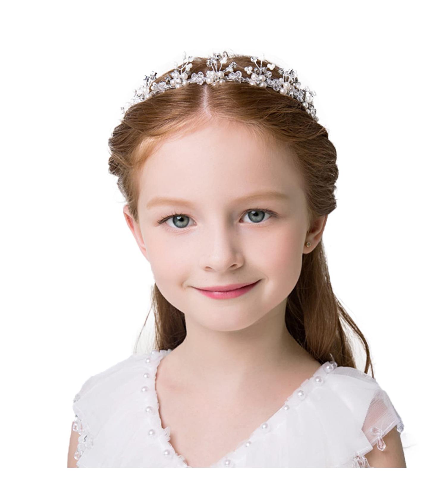 TSHAOUN Flower Girl Hair Accessories Pearl Hair Flower Headbands Crystal Rhinestone Headpiece for Wedding Party Outdoor Filming Taking Photo Special Day Holiday Girls Gift Birthday Present (White) - Buy Online on GoSupps.com