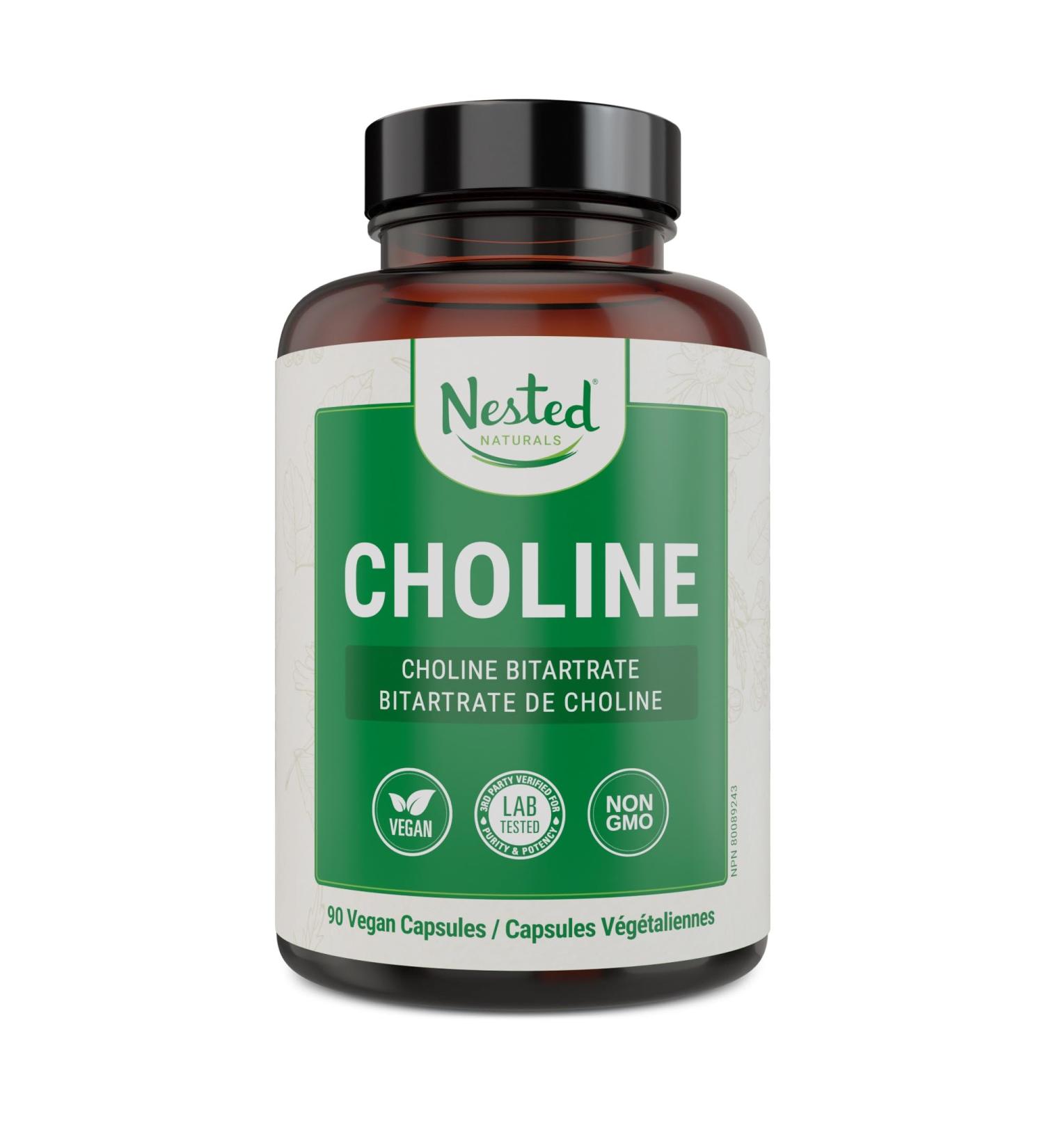 Nested Naturals Choline Bitartrate 500mg | High Potency Choline Supplements | Supports Cognitive Performance & Liver Function | 100% Vegan & Non-GMO Choline | 90 Vegan Capsules - Buy Online on GoSupps.com