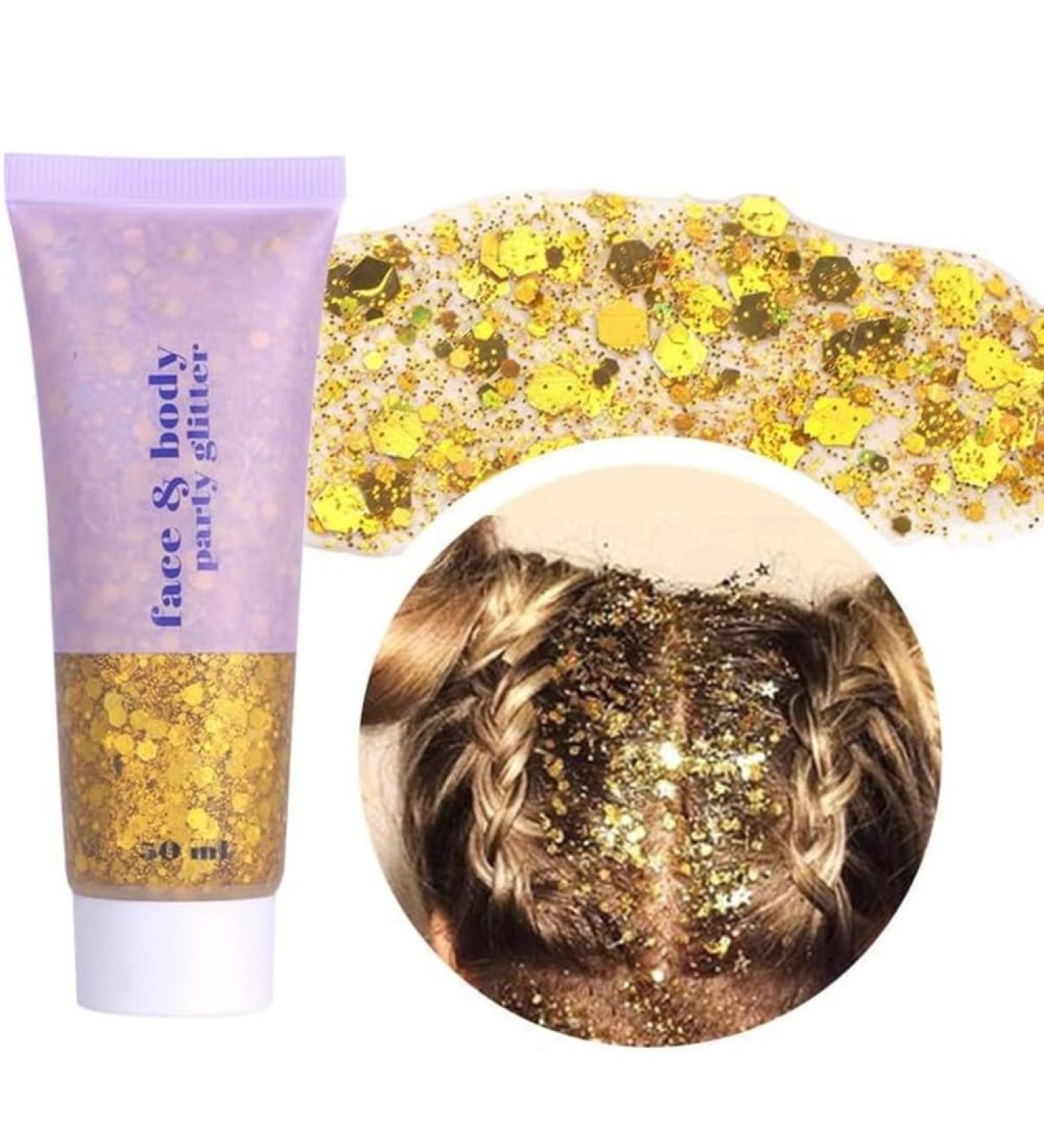  Beliky Girl Holographic Glitter Gel Body Face Liquid Eyeshadow Glitter Eye Shadow Large Mermaid Glitter for Face Hair and Nails (Gold 50ml) - Buy Online on GoSupps.com