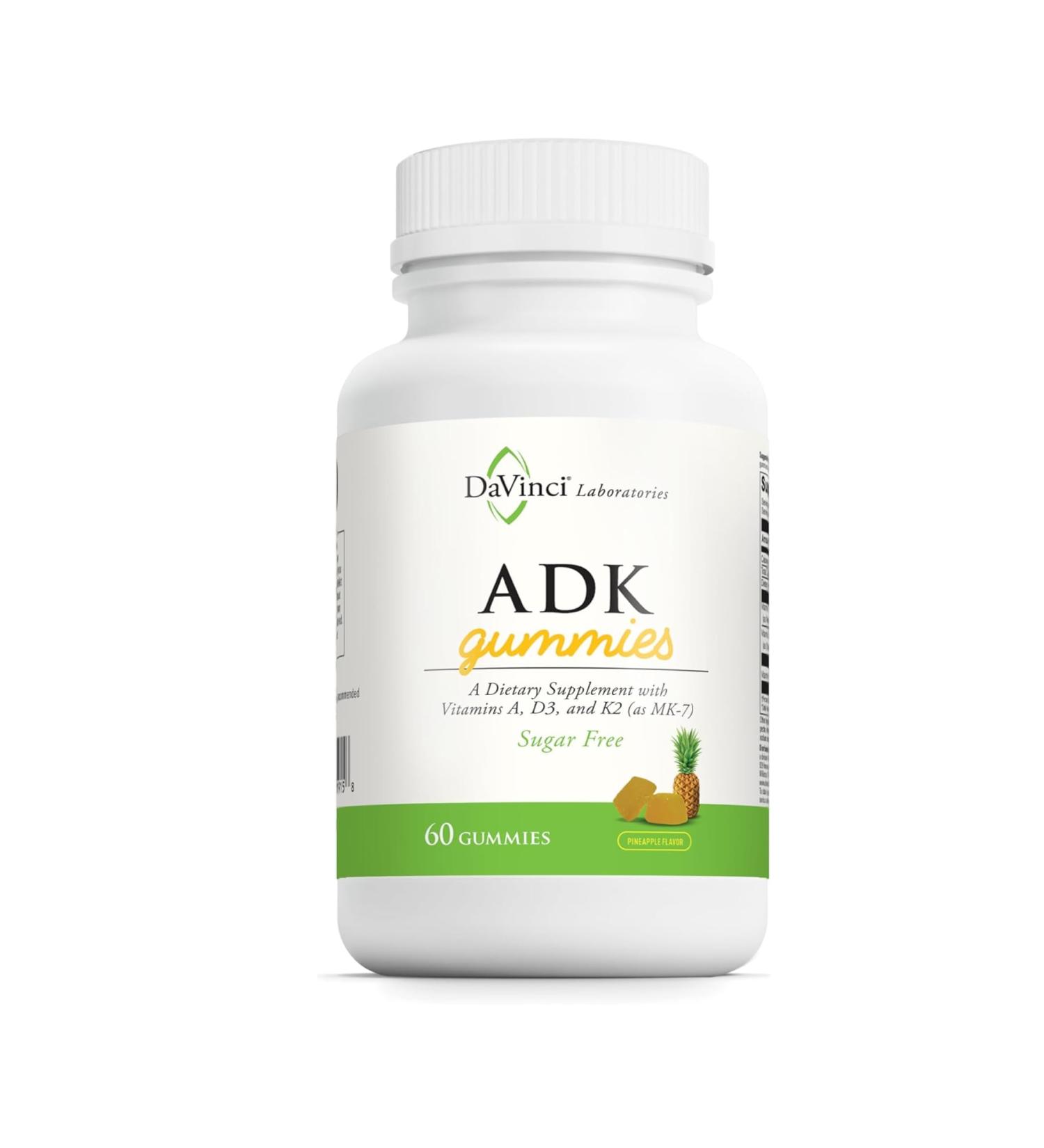 DAVINCI Labs ADK Gummies - Helps Support Bone Health & Immune Response* - Multivitamin Gummy with Vitamins A D3 & MK-7 - Vegetarian Gluten Free Soy Free - Pineapple Flavor - 60 Gummies 60 Count (Pack of 1) Gummy - Buy Online on GoSupps.com