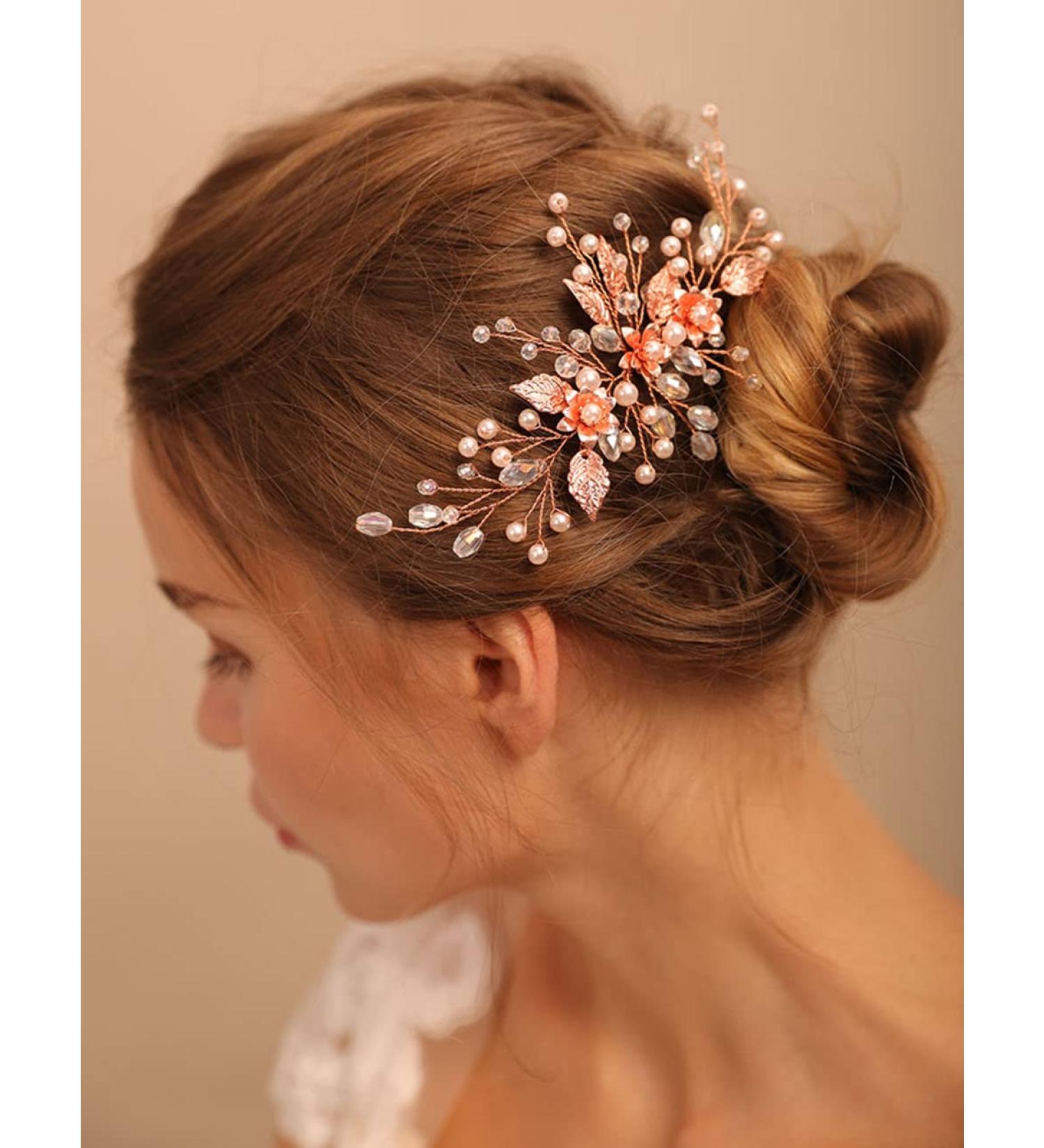 Deniferymakeup Rose Gold Hair Clip Pin Bridal Rhinestone Crystals Flower Hair Pins Set for Bride Women Girl - Buy Online on GoSupps.com