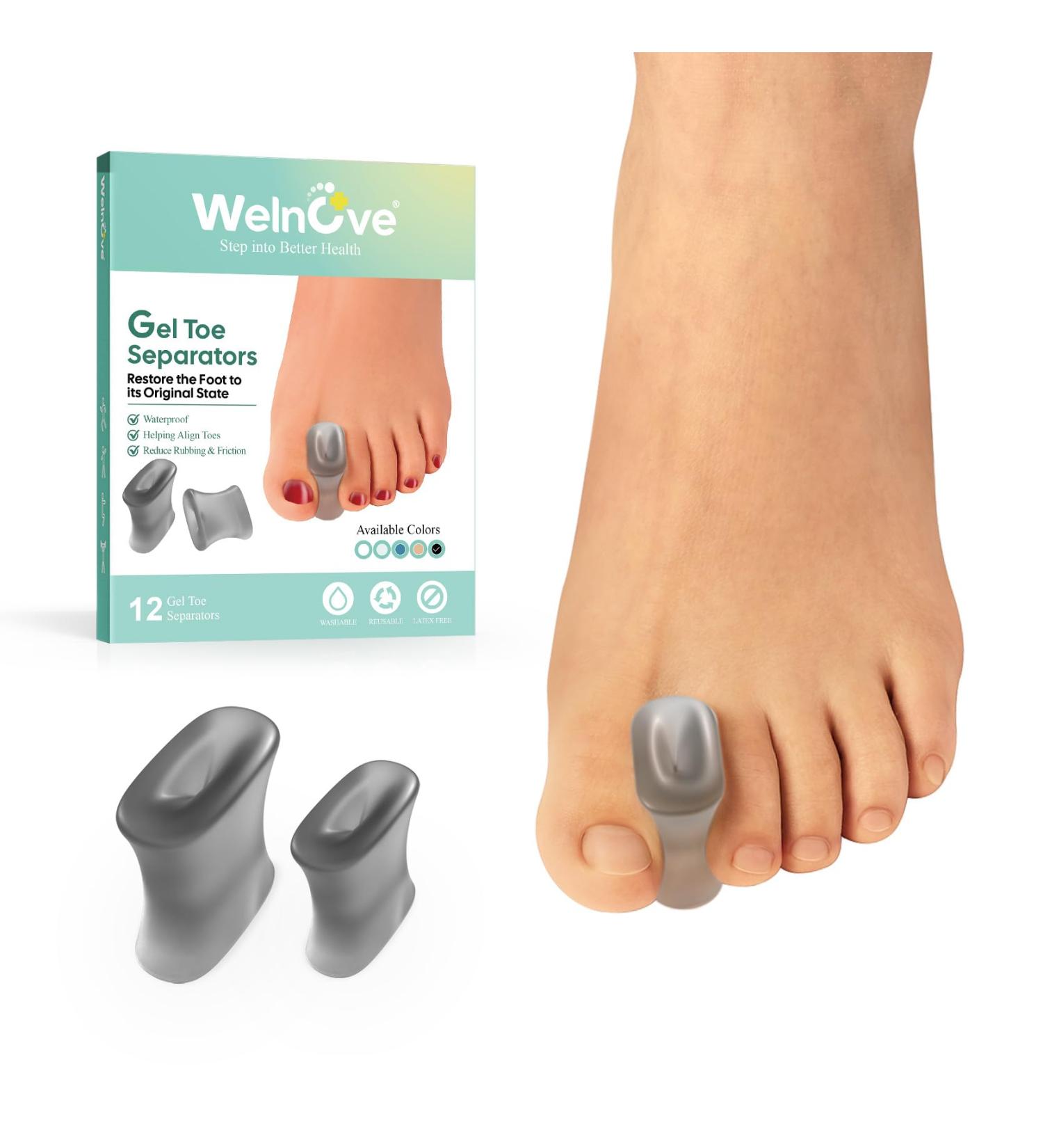 Welnove 12-Pack Gel Toe Spreaders & Spacers for Overlapping Toes - Unisex Transparent Black - Buy Online on GoSupps.com