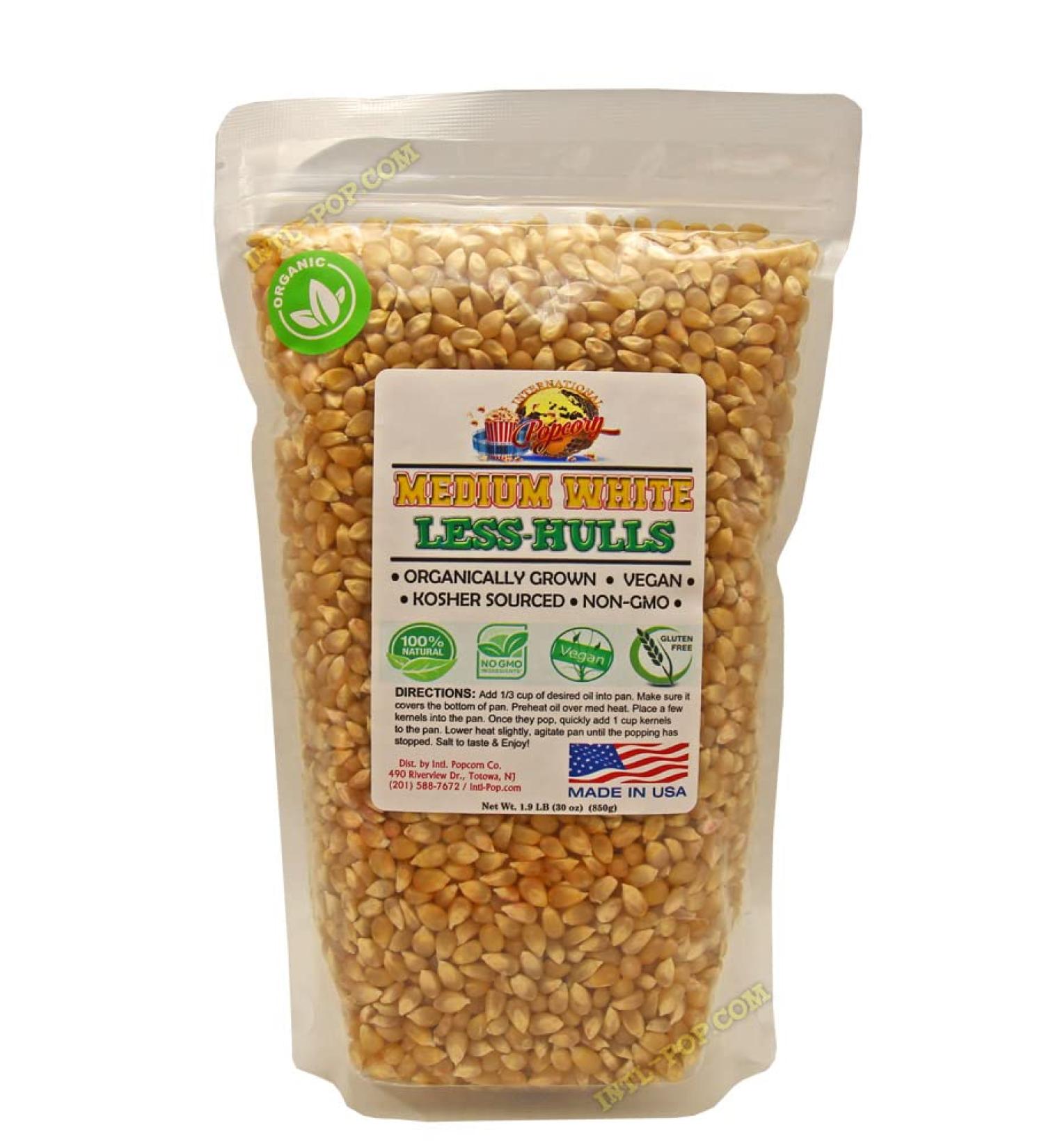 Organic 1.9 LB White Virtually Hulless Popcorn Kernels | Resealable Bag | USA Grown | Non-GMO | Vegan & Kosher | Perfect for Movie Night - Buy Online on GoSupps.com
