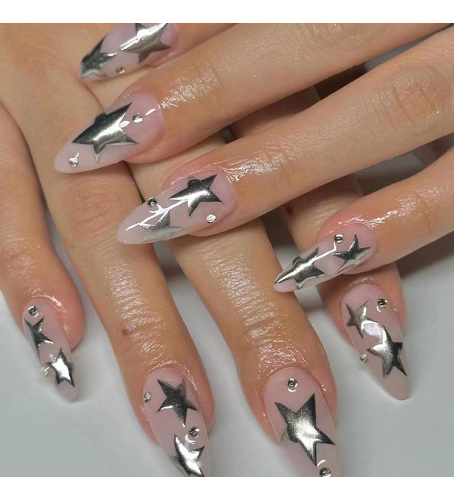 Almond Rhinestone Press on Nails - Medium Silver Stars False Nails with Glossy Nude Acrylic Design (24pcs) - Buy Online on GoSupps.com
