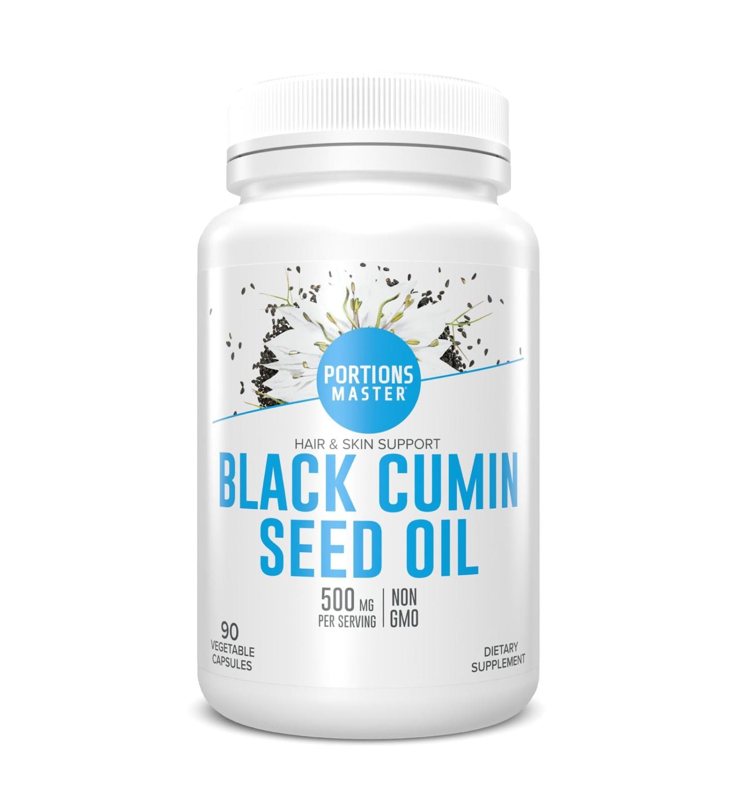 Portions Master Black Cumin Seed Oil 1000mg, Cold-Pressed, Antioxidant-Rich Supplement for Skin, Hair, Immune & Mood Support, Non-GMO, Gluten-Free, Dairy-Free (90 Softgels) - Buy Online on GoSupps.com