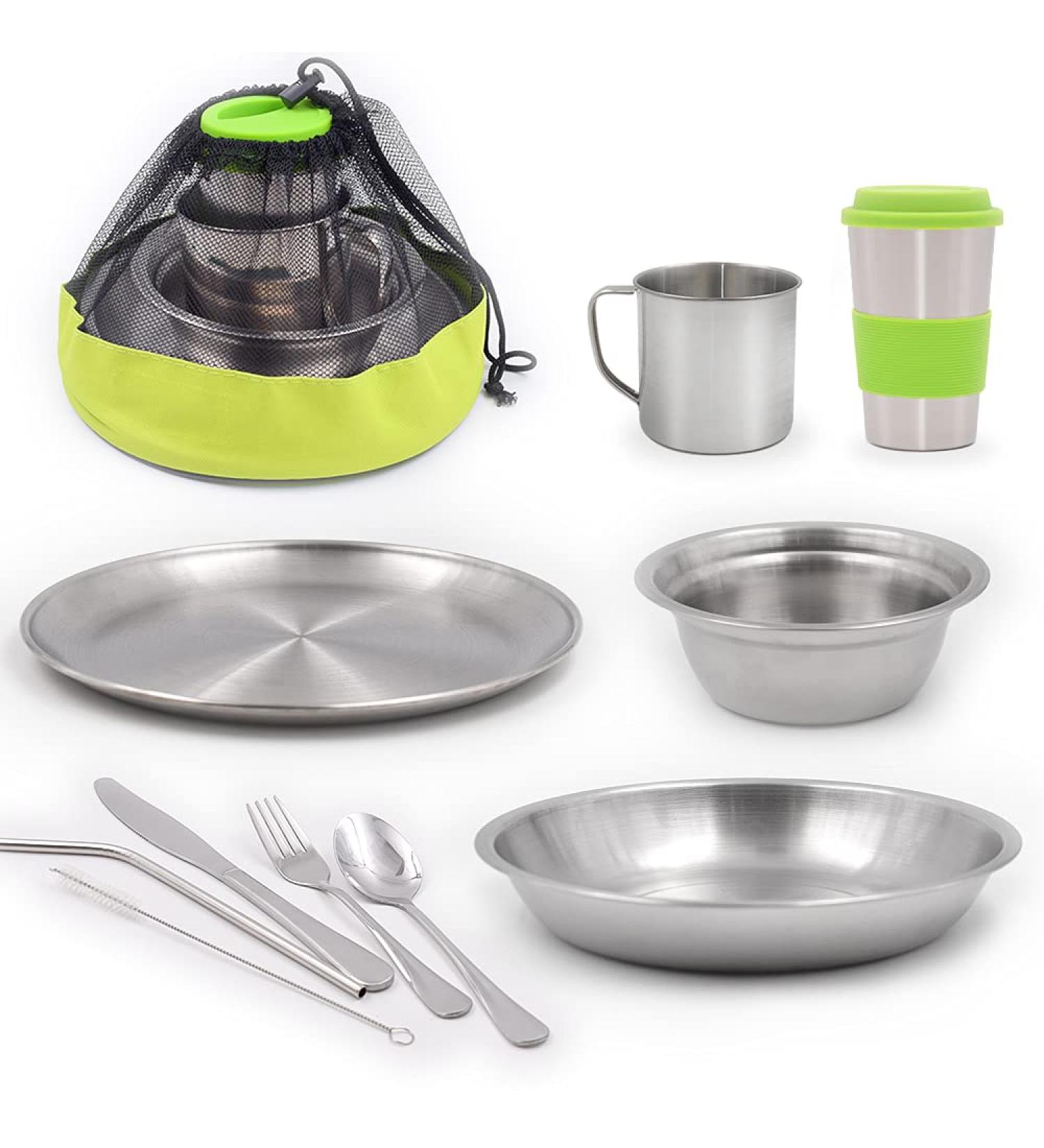 HIKPEED 10-Piece Stainless Steel Camping Mess Kit for 1-2 Person - Utensils, Tableware, Cups, Plates, Bowl, Cutlery with Mesh Bag - Ideal for Backpacking, Hiking, Picnic, and RV Travel - Buy Online on GoSupps.com
