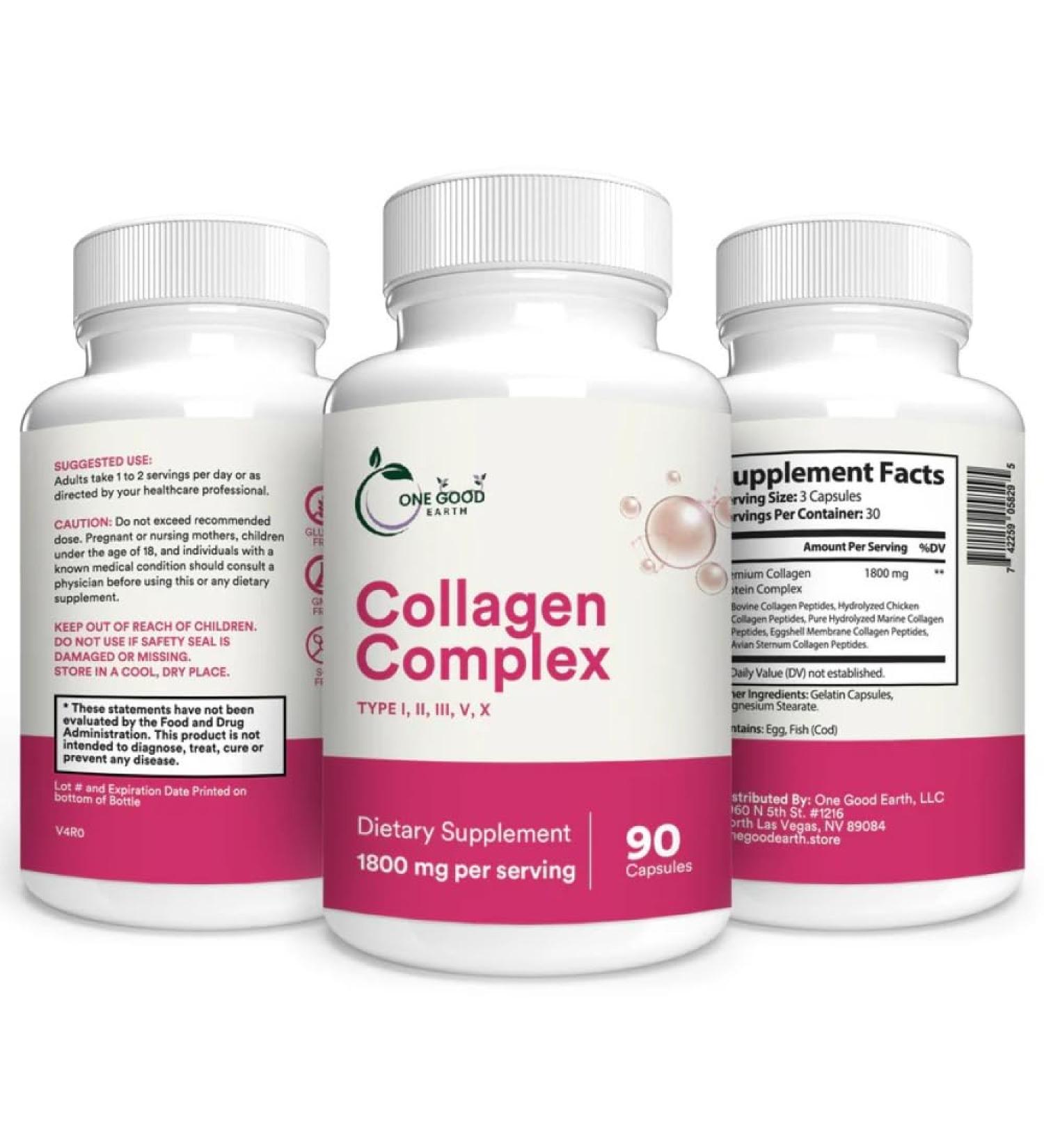 One Good Earth Collagen Complex Bovine Peptides Type I II III V X (90 Count) 1800mg with Vitamin C Zinc Copper and Magnese. - Buy Online on GoSupps.com