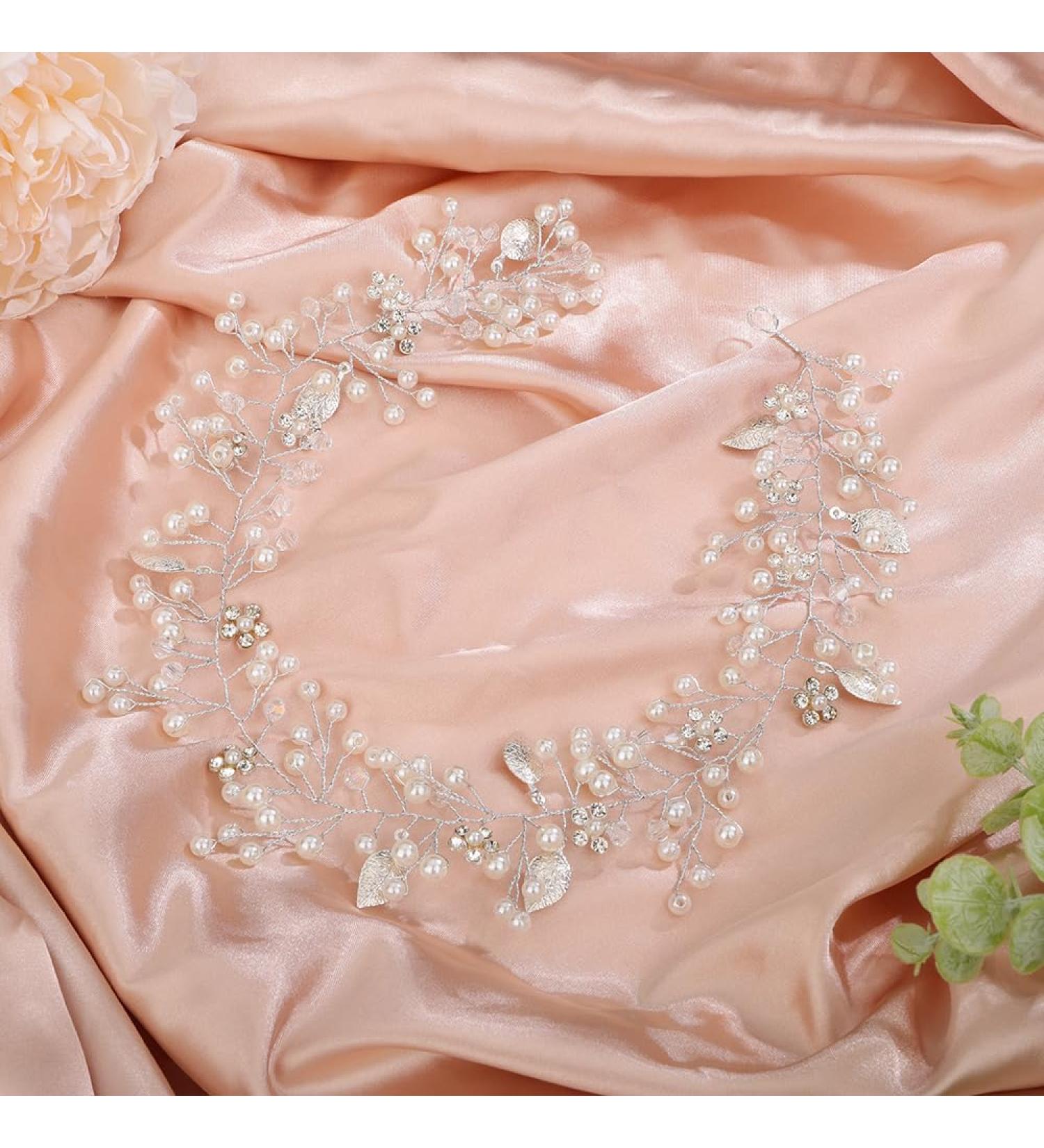 BERYUAN Women Silver Leaf Crystal Flowers Pearls Hair Vine Pearls Crystal Rhinestone Headband Silver Bride Hair Piece Pearls Wedding Hair Accessories for Brides Bridesmaid - Buy Online on GoSupps.com