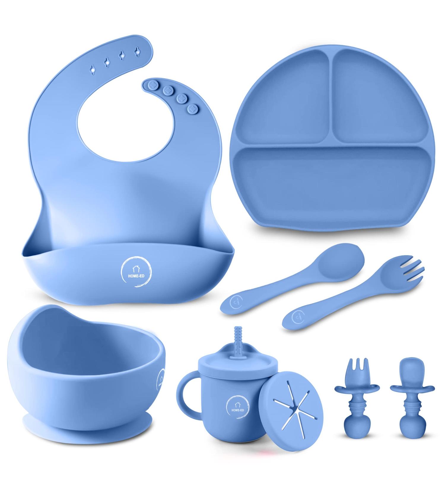 Home-Ed Baby Weaning Set: 9-Piece Baby Food Set with Suction Bowl, Plates, Spoon, and Bibs - Blue - Buy Online on GoSupps.com