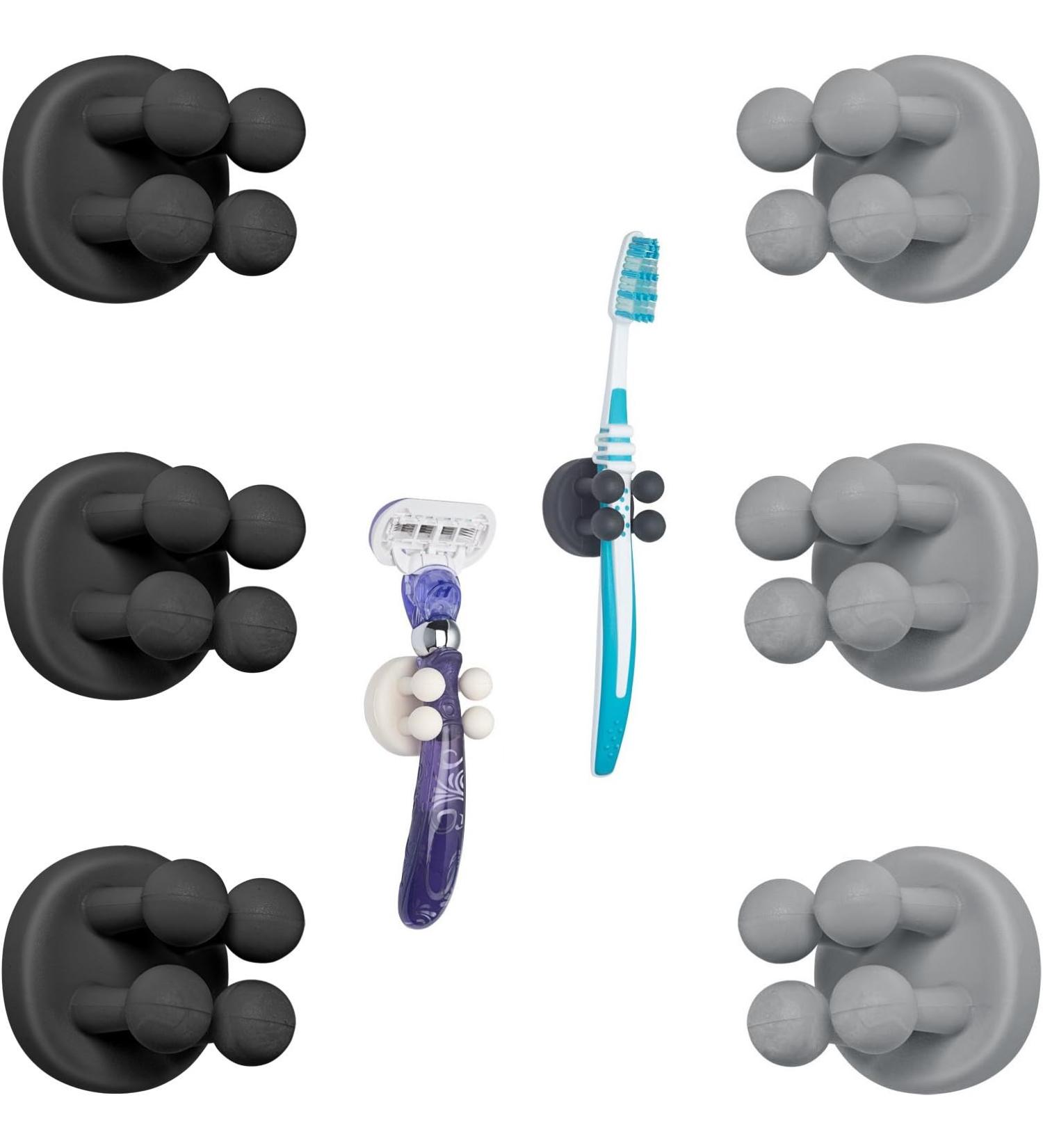 Tecbull Funny Hooks Toothbrush Holder & Razor Wall Bracket - No Drilling Self-Adhesive 12-Pack (6 Black/Gray + 6 Replacement Pads) - Buy Online on GoSupps.com
