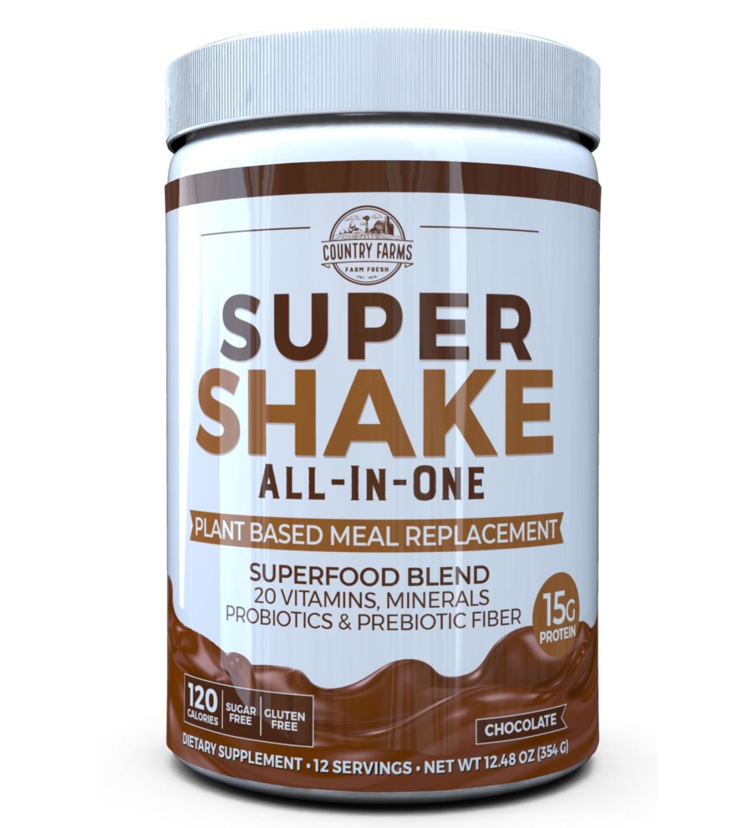 Country Farms All-in-One Super Shake Meal Replacement 15g Plant Protein Dietary Supplement with Superfoods Vitamins Probiotics and Prebiotics 12 Servings Chocolate 12.48 Oz