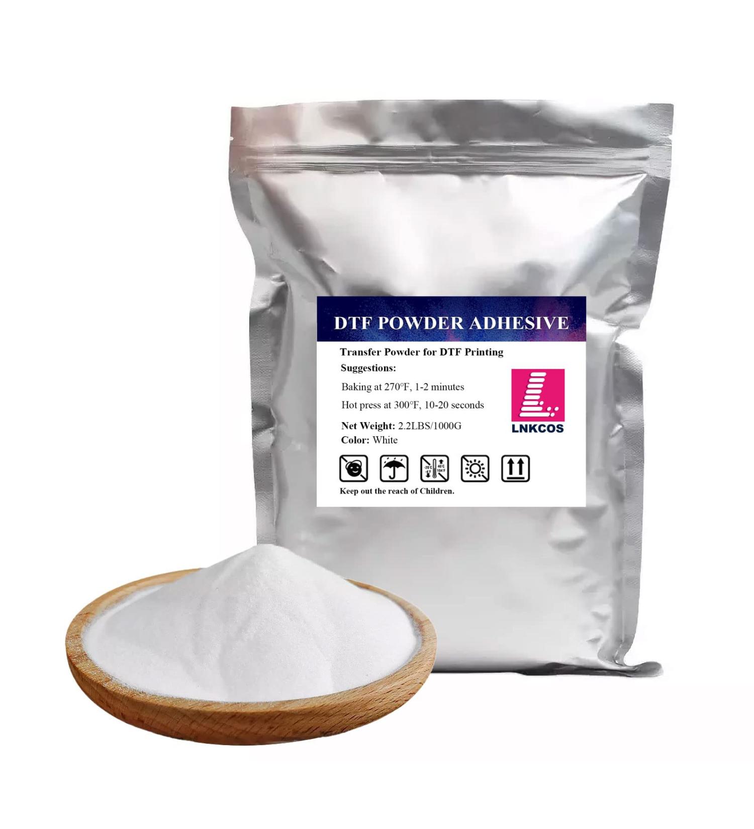 LNKCOS DTF Powder 1000G/35.3 oz White Digital Transfer Hot Melt Adhesive  Pretreat Powder for L1800 Printer DTF DTG Printer Direct Print on All Fabric Include Polyester Cotton T-Shirt Textile White 2.2 Pound (Pack of 1)