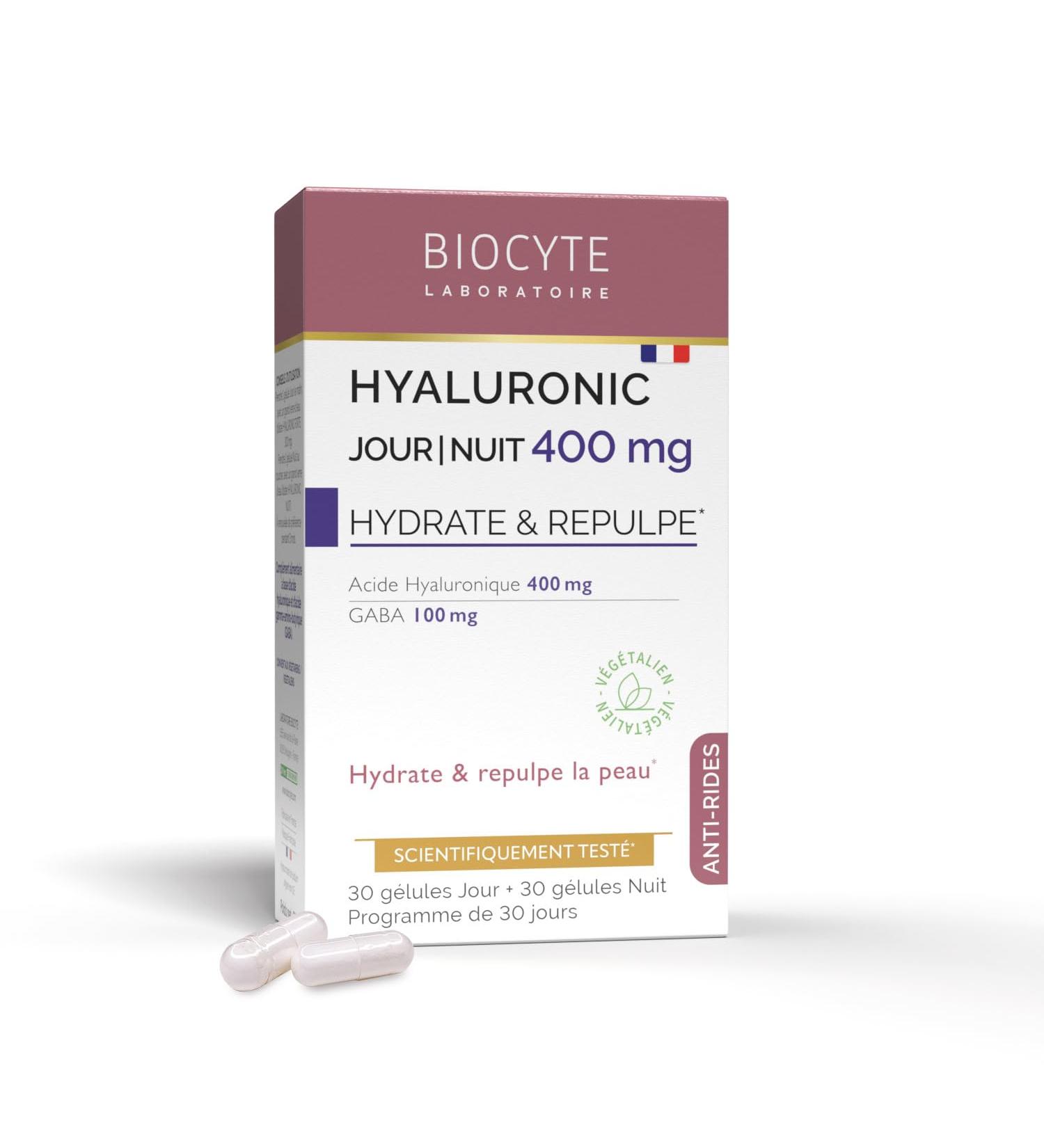 BIOCYTE Hyaluronic Day/Night 400mg - Hydrates Plumps Skin Anti-Wrinkles - Hyaluronic Acid Gamma-Amino-Butryric Acid - Vegetarian - 30 Capsules Day - 30 Capsules Night - 30 Day Program - Buy Online on GoSupps.com