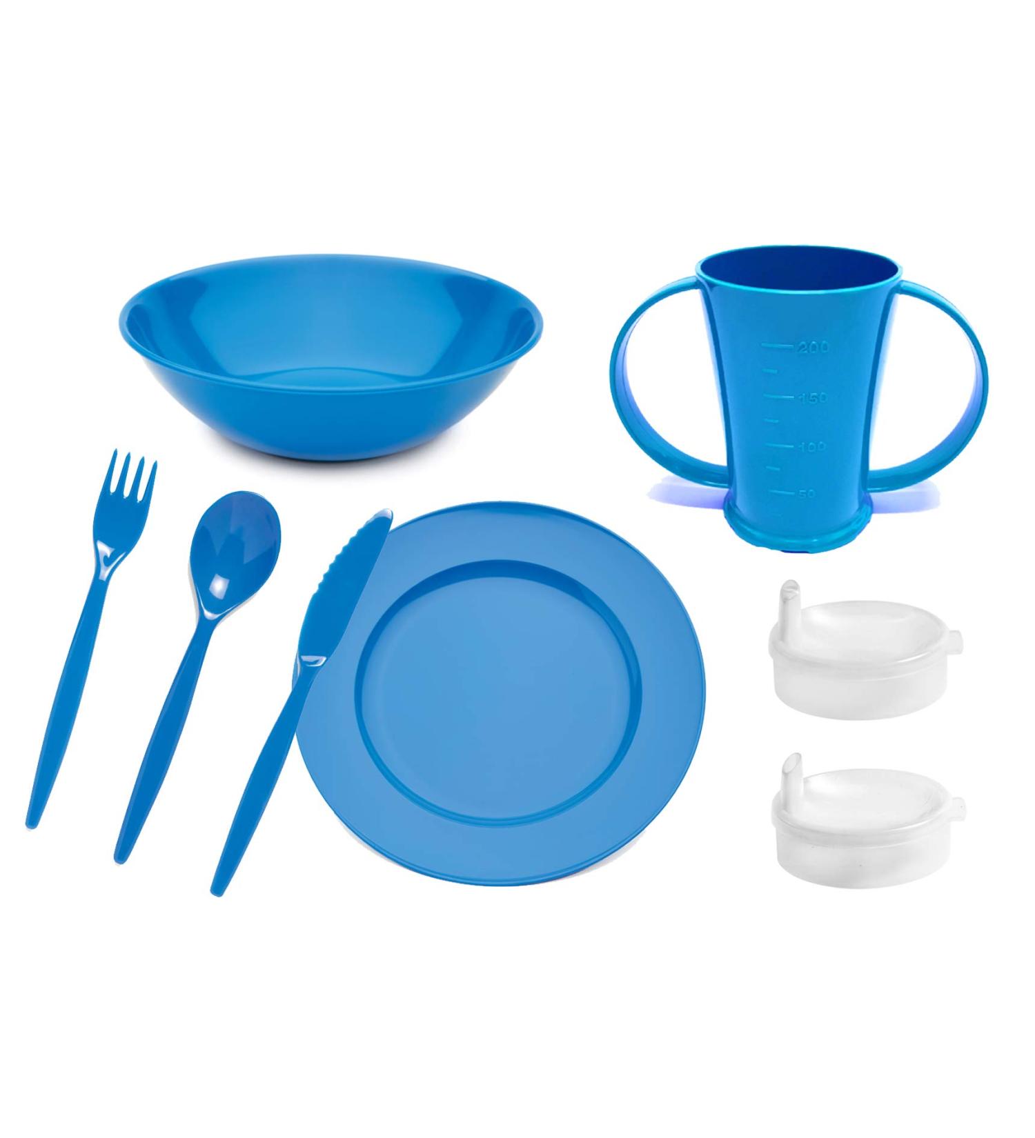 Dementia Tableware Set Blue Polycarbonate Plate, Bowl, Cutlery, and 2-Handled Beaker - Reusable - Buy Online on GoSupps.com
