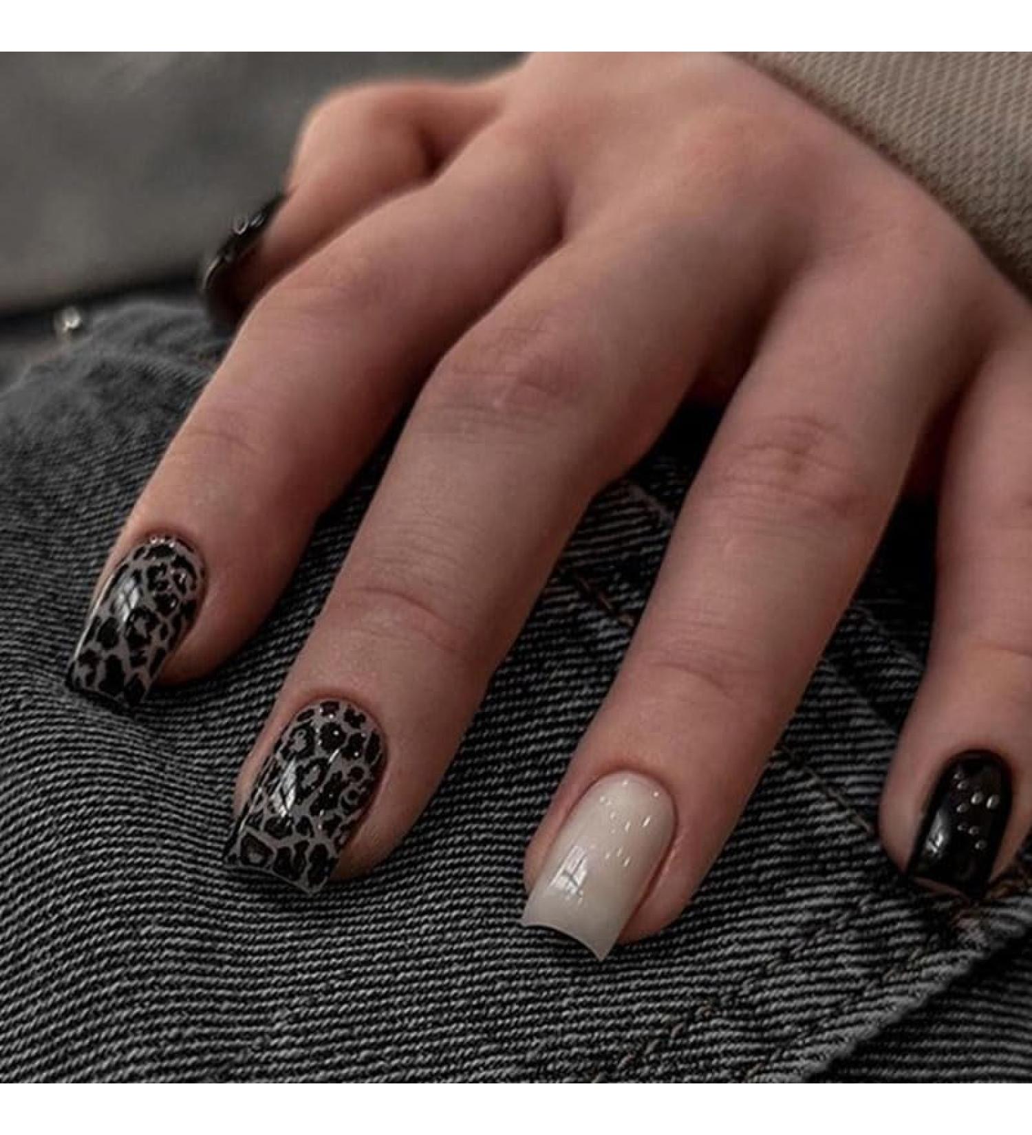 Medium Square Black Press On Nails with Leopard Print - 24PCS Acrylic Full Cover Stick-On Nails for Women & Girls - Perfect for Daily Wear & Weddings - Buy Online on GoSupps.com